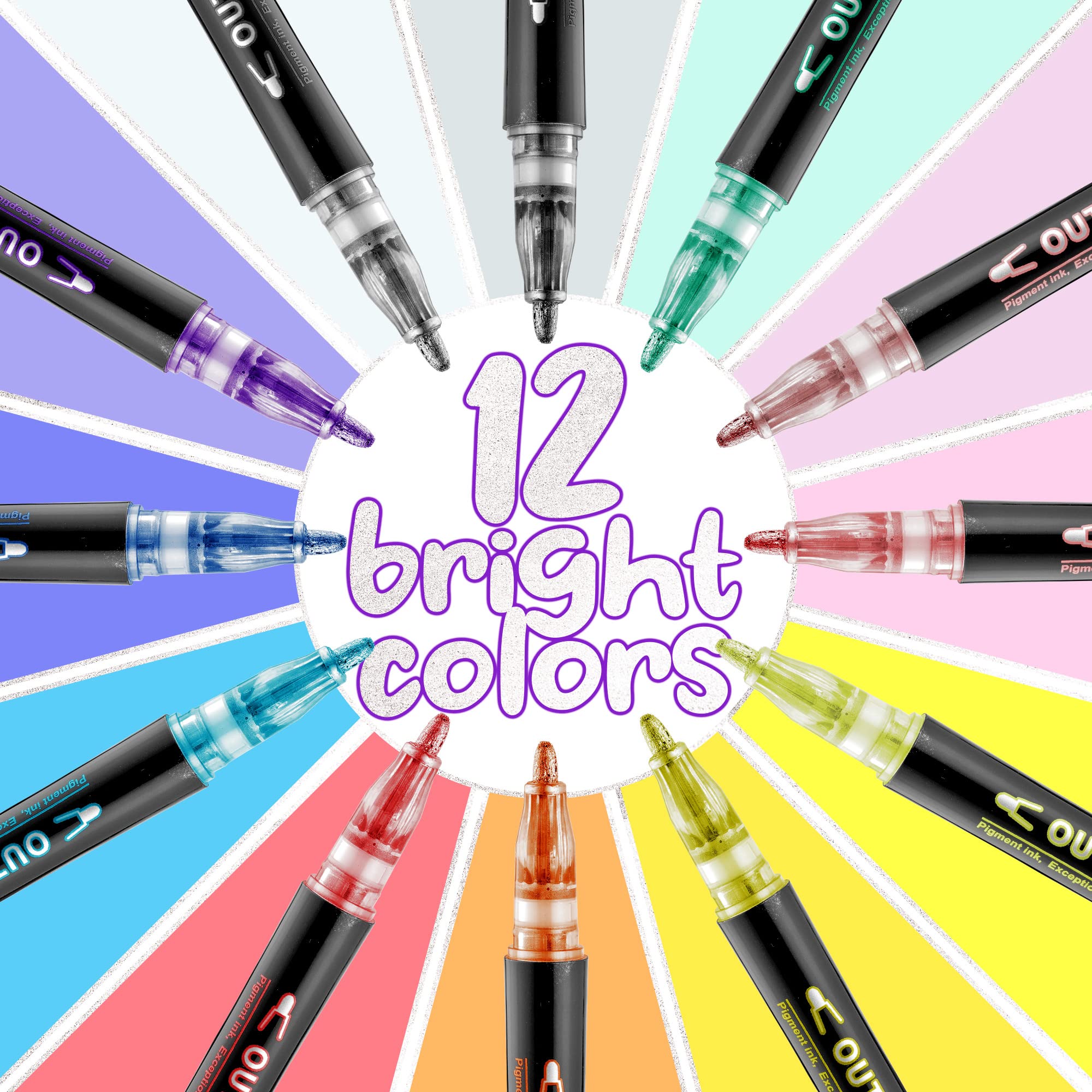 Double Line Outline Markers Set of 12 - Dual Tip Metallic Glitter Pens for Card Making, Scrapbooking, DIY Art Projects, Sketching & Doodle Drawing - Perfect for Gift Wrapping, Journaling, Bullet Notes & Creative Crafting