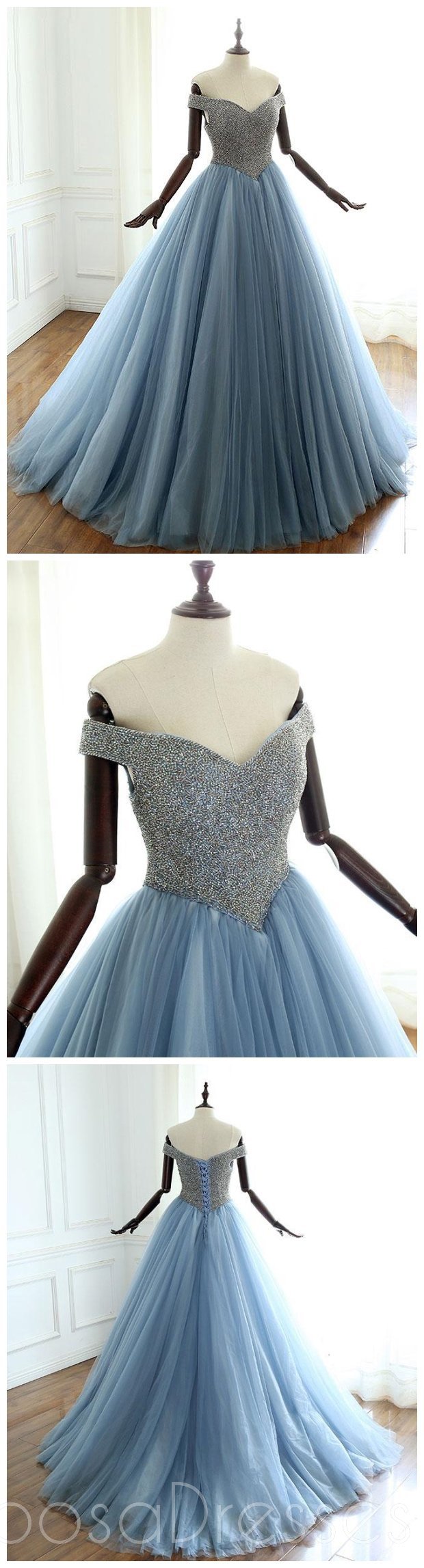 Elegant Off Shoulder Dusty Blue Beaded A-Line Long Evening Prom Dress for Women | Sweet 16 Party Gown | Formal Homecoming Dance Dress | Perfect for Prom Night, Quinceañera & Special Occasions