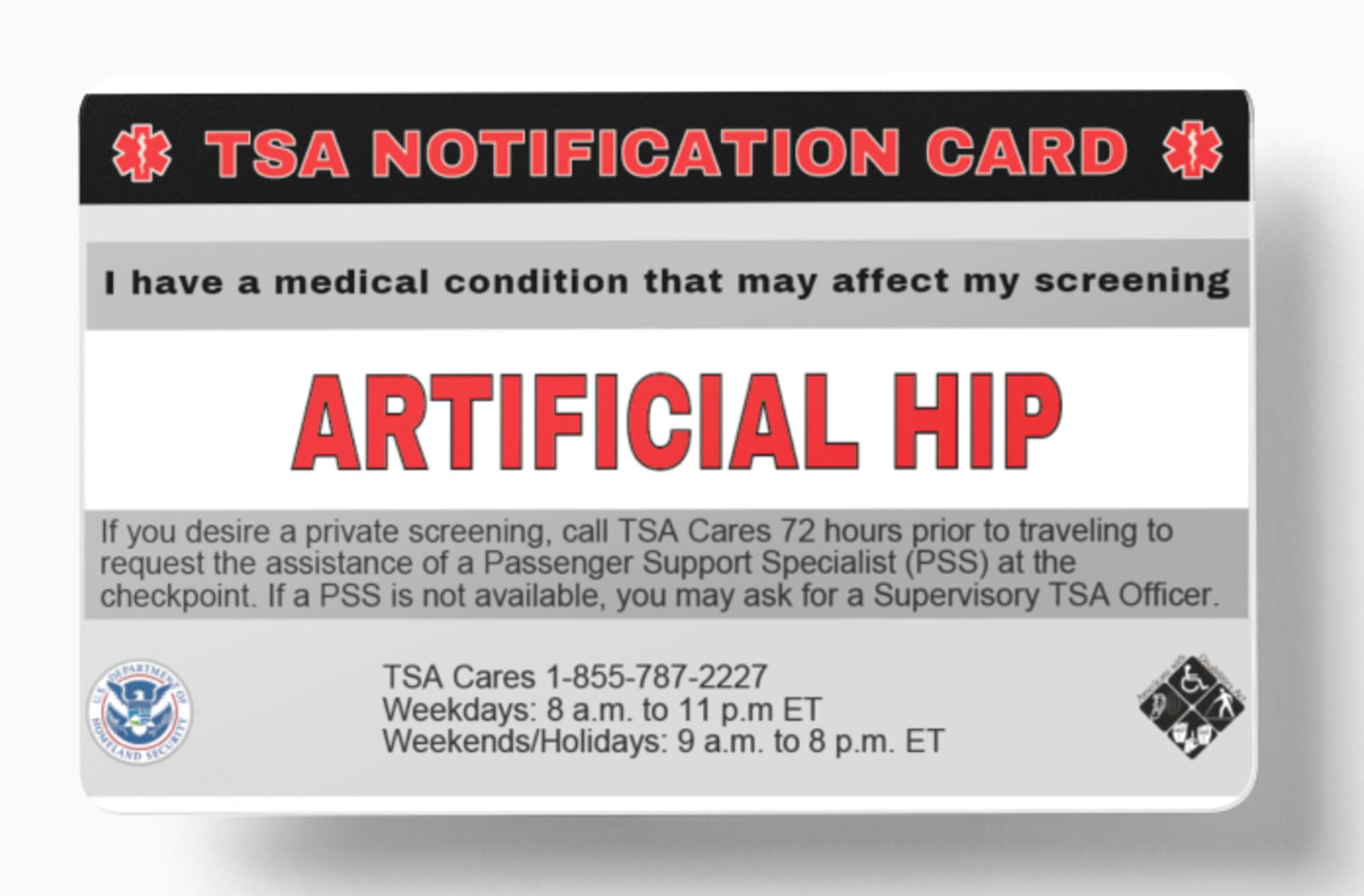 TSA Notification Card for Hip Replacement - 4 Pack | Artificial Hip Implant Air Travel Wallet | Ideal for Airport Security & Travel Convenience