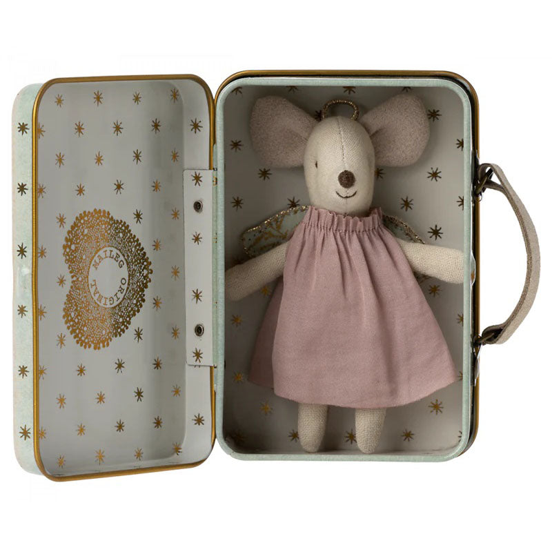 Maileg Angel Mouse in Suitcase - Miniature Dollhouse Toy for Kids, Collectible Mouse Figurine with Travel Case | Perfect for Pretend Play, Gift Giving & Christmas Stocking Stuffers
