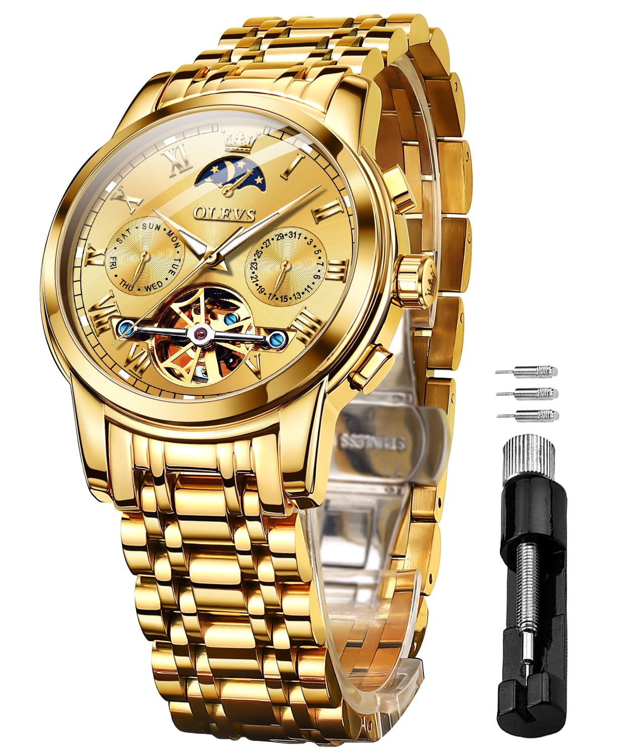 OLEVS Men's Automatic Skeleton Tourbillon Mechanical Watch - Self Winding Luxury Dress Watch with Moon Phase, Day Date, Waterproof & Luminous - Perfect for Business, Formal Events & Gifts for Him