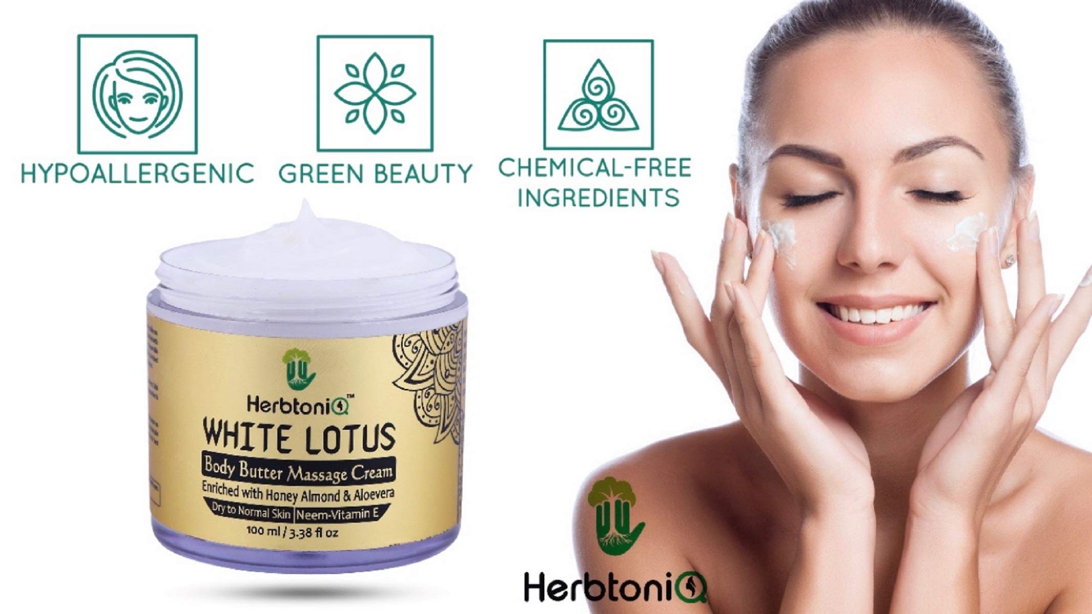 HerbtoniQ White Lotus Body Butter Massage Cream - Moisturizing with Honey, Almond & Vitamin E (100ml) - Hydrating Skin Care for Dry Skin, Spa & Relaxation at Home