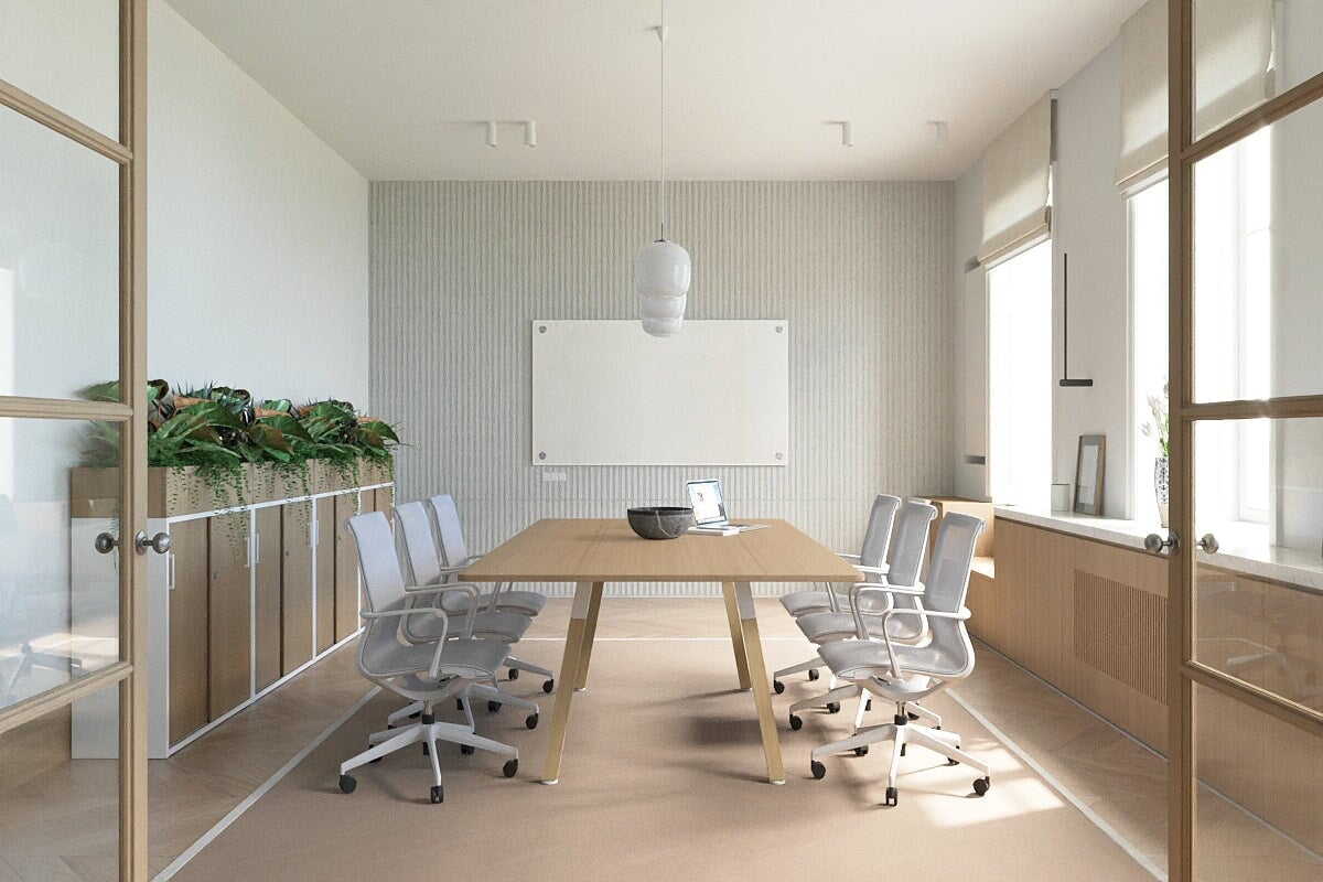 Modern Boardroom Table with Quadro A Wood Legs & Rounded Corners - 1800L x 1100W Conference Table for Office Meetings & Executive Workspaces