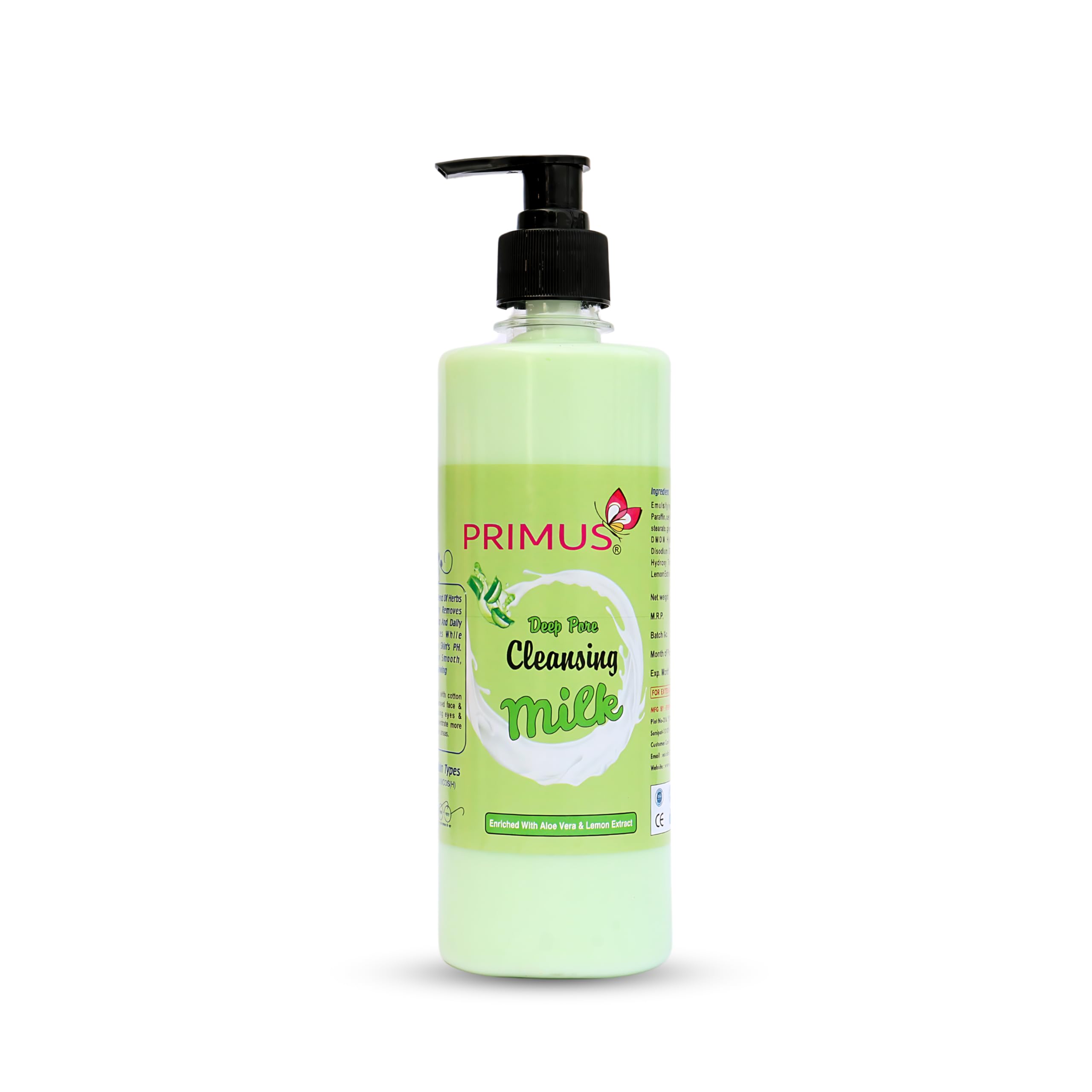 Primus Aloe Vera & Lemon Extracts Cleansing Milk - Ultra Clean & Refreshing Facial Cleanser | 500ml Makeup Remover for All Skin Types | Perfect for Daily Skincare Routine & Travel