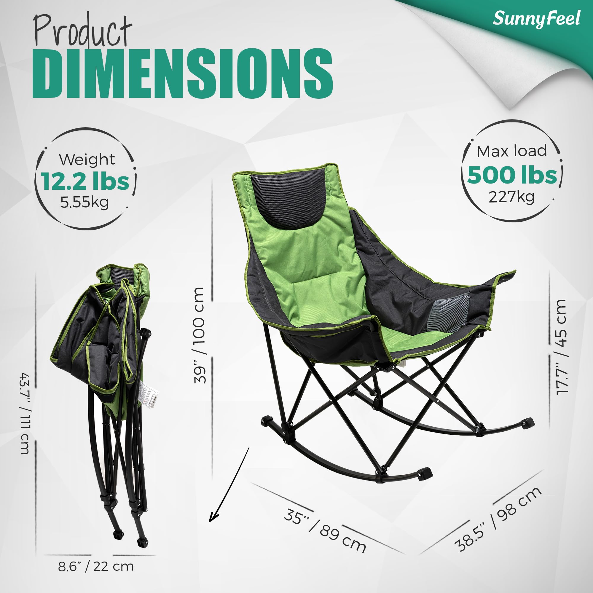 Sunnyfeel Oversized Padded Camping Rocking Chair for Adults - Luxury Recliner, Foldable Outdoor Lawn Chair for Patio, Backyard, Beach & Picnic (Green)