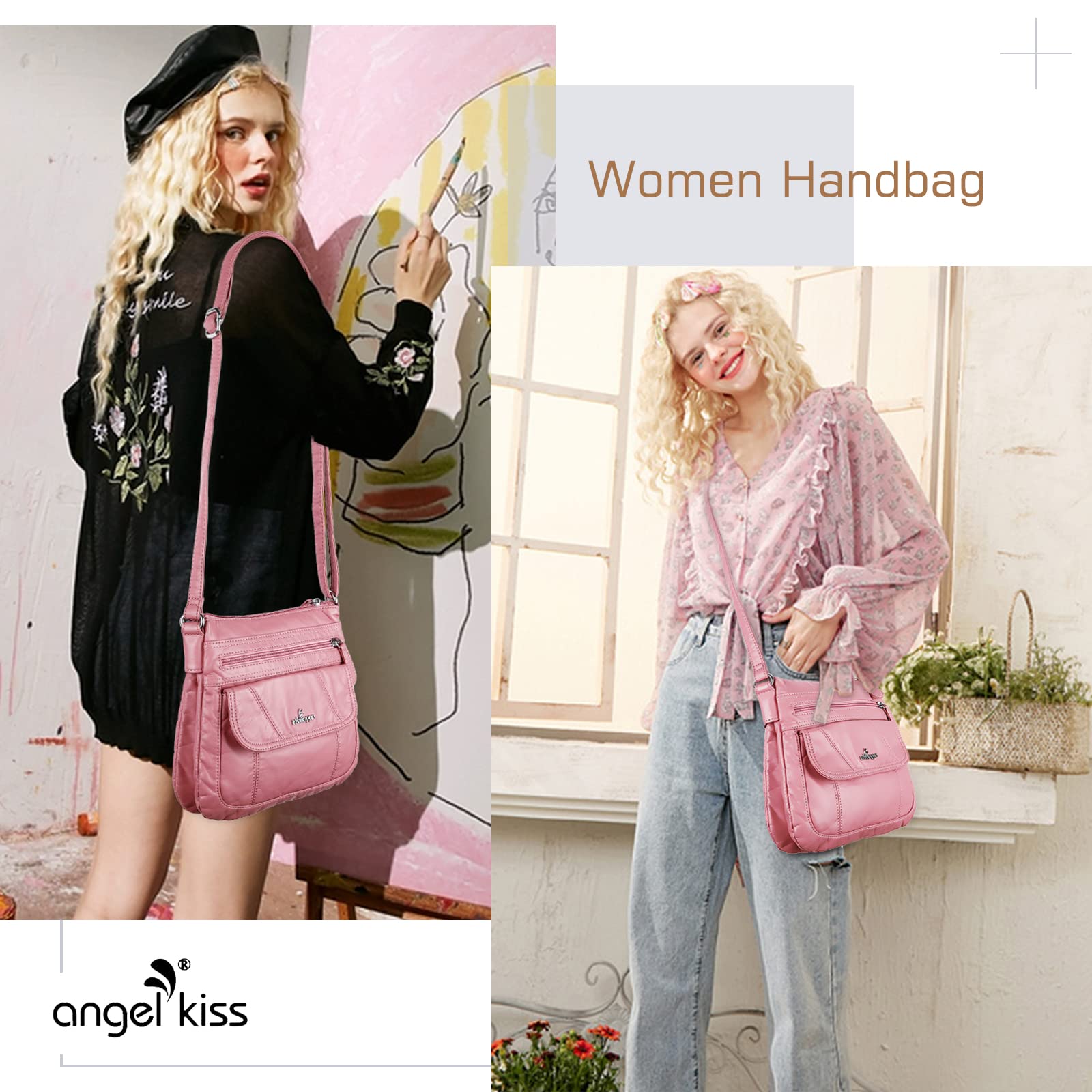 Angel Kiss Women's Crossbody Bag - PU Leather Adjustable Shoulder Handbag Purse for Daily Use, Travel & Shopping