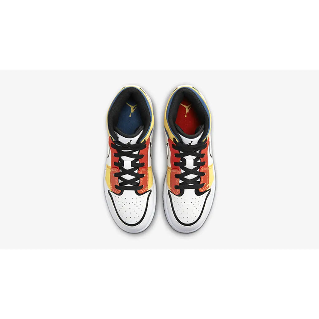 Nike Kids Air Jordan 1 Mid Basketball Shoes - White/Black/Red/Yellow/Blue - High Top Sneakers for Boys & Girls - Perfect for School, Sports & Casual Wear