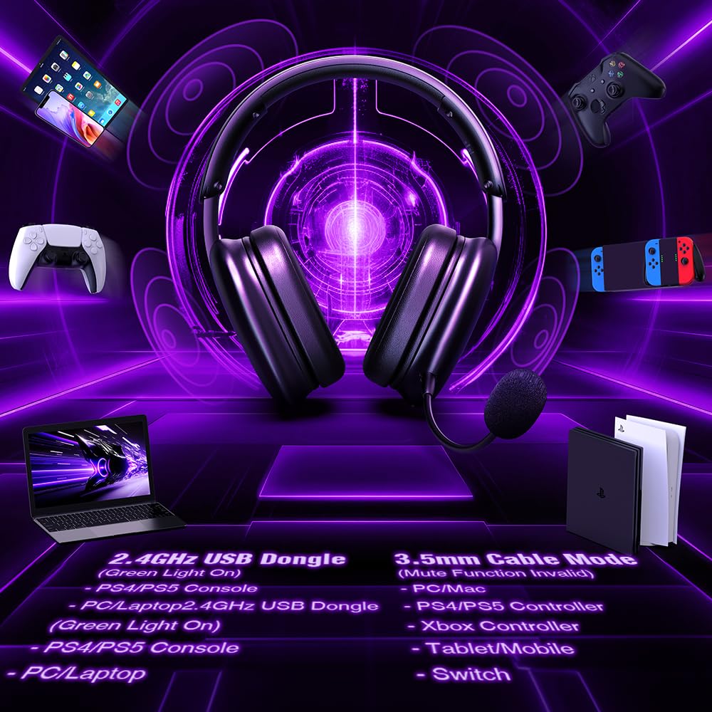 TA82 Wireless Gaming Headset for PS5, PS4, PC, Mac & Switch - 2.4GHz USB Noise-Cancelling Headphones with Mic, 7.1 Surround Sound (Black) - Perfect for Competitive Gaming, Streaming & Online Chat