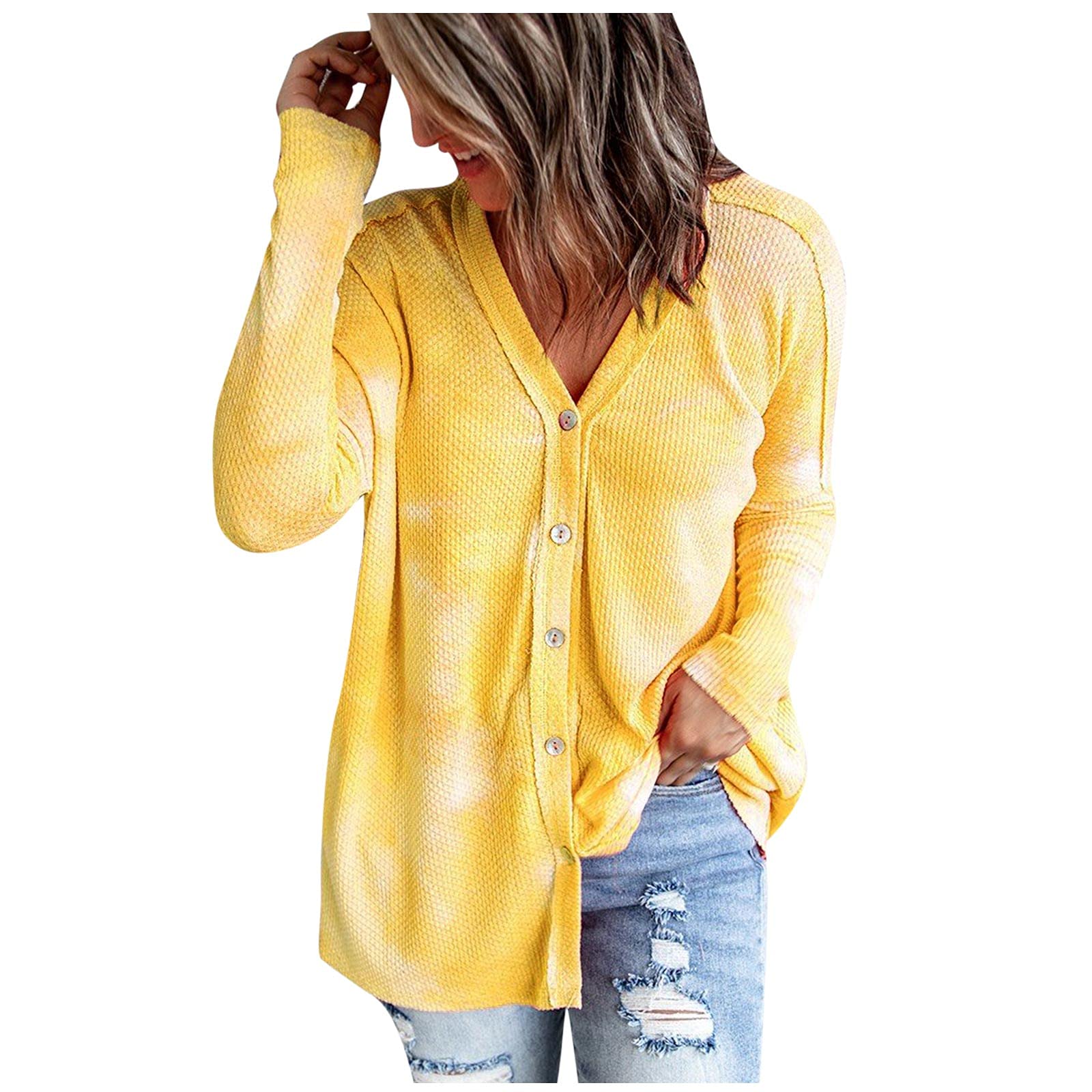 2021 Women's Long Sleeve Blouse - Casual V-Neck Waffle Knit Cardigan with Button Down & Tie Dye Design | Perfect for Office Wear, Fall Layering & Weekend Outfits