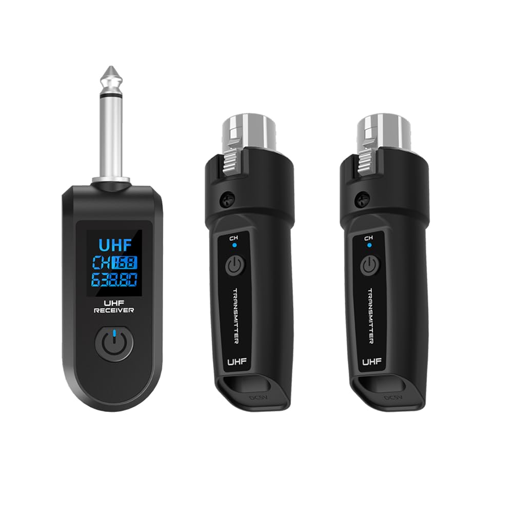 2.4Ghz Wireless Microphone System with XLR - Rechargeable Transmitter & Receiver for Dynamic Mics, Audio Mixers, Electric Guitar & Bass (1 Receiver + 2 Transmitters) - Perfect for Live Performances, Studio Recording & Public Speaking