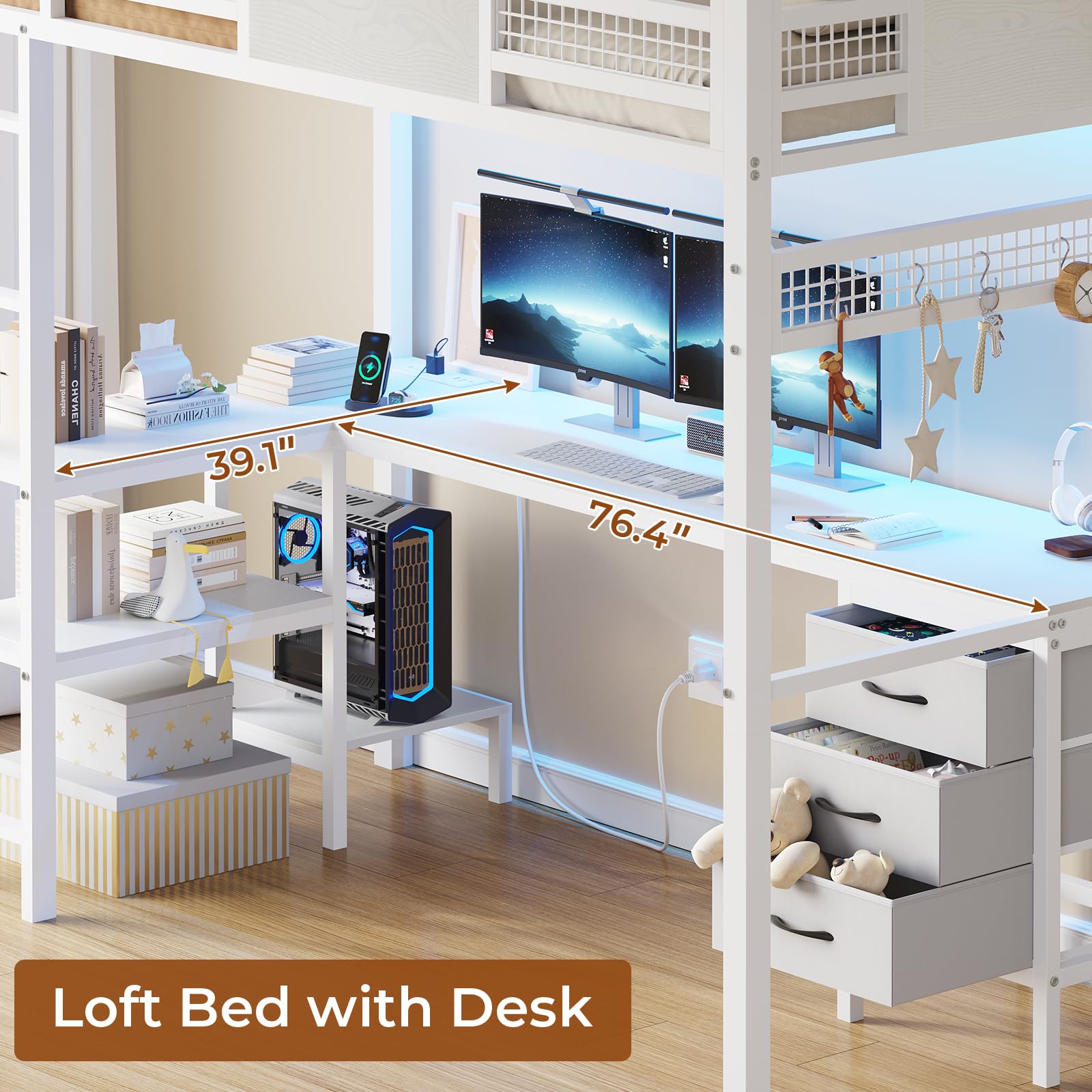 Twin Loft Bed with L-Shaped Desk & LED Lights - Metal Twin Size Bed Frame with Charging Station, 3 Fabric Drawers & 2-Tier Storage Shelves - Safety Guard & Ladder Included - No Box Spring Needed - Perfect for Small Bedrooms, Dorm Rooms & Kids' Rooms