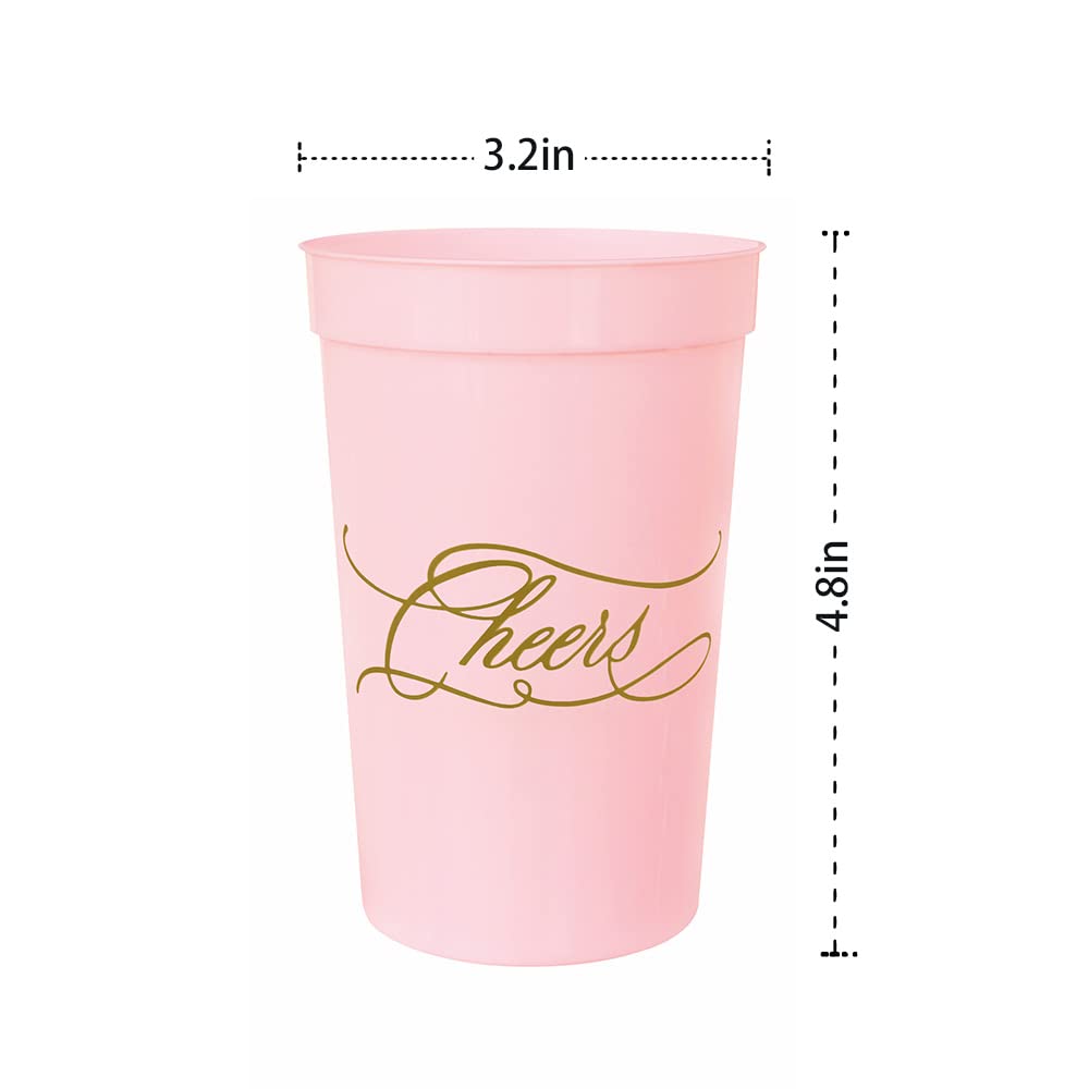 LADY&HOME 15 Pack 16 Oz Reusable Plastic Party Cups - Elegant & Durable Cheers Cups for Wedding, Birthday, Bridal Shower & Special Events (Pink) - Perfect for Cocktails, Mocktails & Champagne Toasts