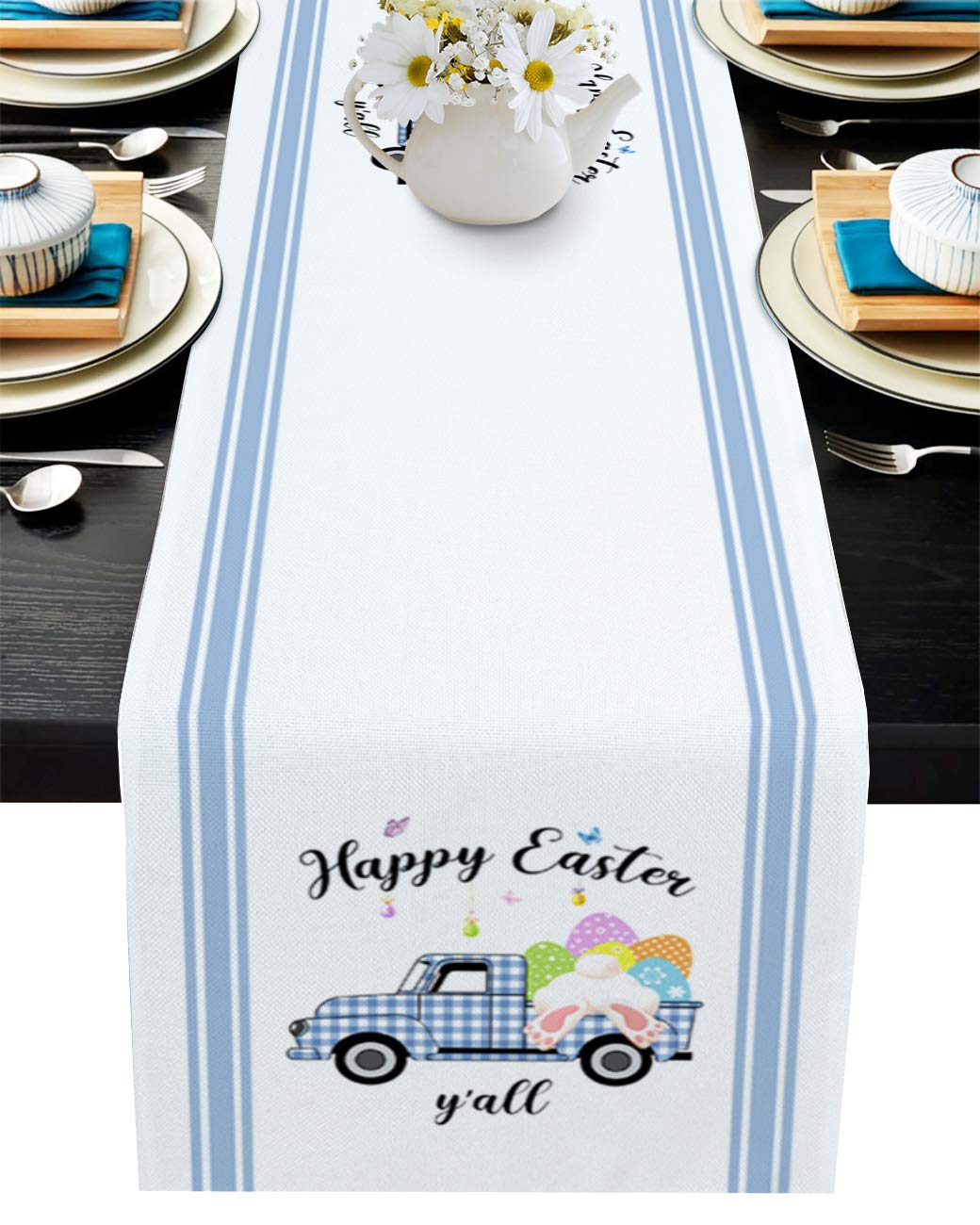 Easter Cotton Linen Table Runner - Blue Stripe Buffalo Check Farmhouse Kitchen Decor (13x120 Inch) | Holiday Dinner Table Scarf for Dining Room Decorations, Easter Bunny & Egg Themed Home Accents | Perfect for Spring Celebrations, Buffet Tables & Farmhouse Style Dining