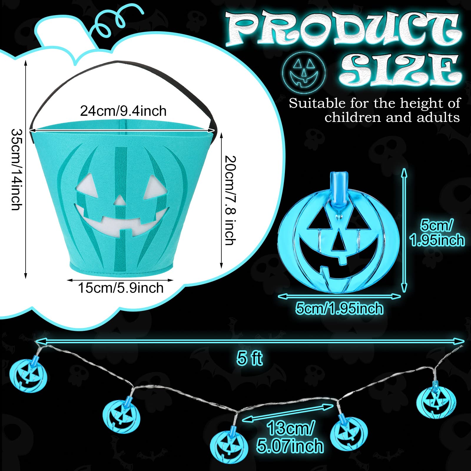 2 Pack LED Light Halloween Bucket - Pumpkin Felt Candy Basket with Jack O'Lantern Design for Trick or Treat, Halloween Party Favors & Home Decor