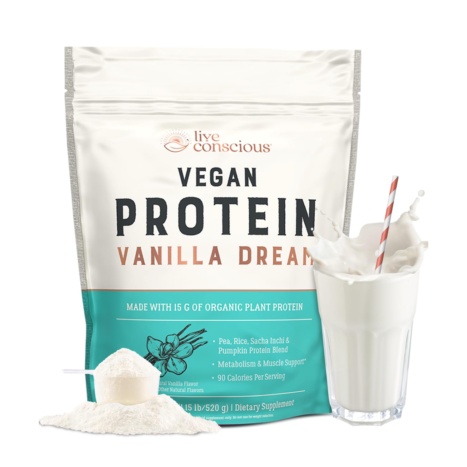 Live Conscious Vegan Pea Protein Powder - Vanilla Dream Flavor | Plant-Based Protein Blend with Pea, Brown Rice, Pumpkin & Sacha Inchi | 20 Servings (18 oz) | Post-Workout Recovery, Smoothie Booster & Healthy Meal Replacement
