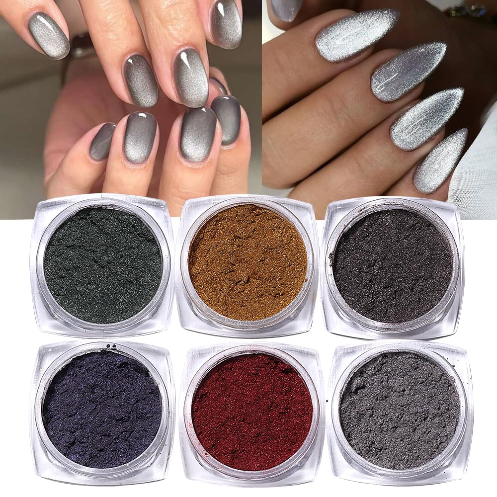 6 Colors Magnetic Cat Eye Chrome Powder for Nails - Silver Blue Red Pearlescent Metallic Galaxy Glitter with Magnets & Sticks - Professional Nail Art Pigment for Salon & DIY Manicures - Perfect for Parties, Weddings & Special Occasions