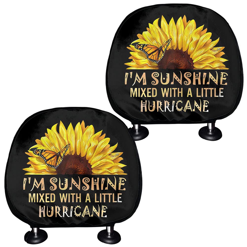 PZZ BEACH Sunflower Butterfly Print Car Seat Headrest Covers - 2 Piece Set, Floral Design for Women's Vehicle Accessories | Perfect for Road Trips & Daily Commutes