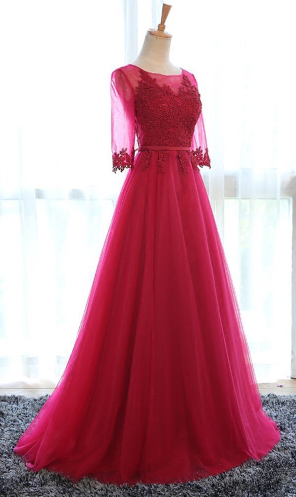 Elegant Women's Half Sleeve Lace Applique Tulle Long Formal Evening Dress for Prom, Wedding & Special Occasions