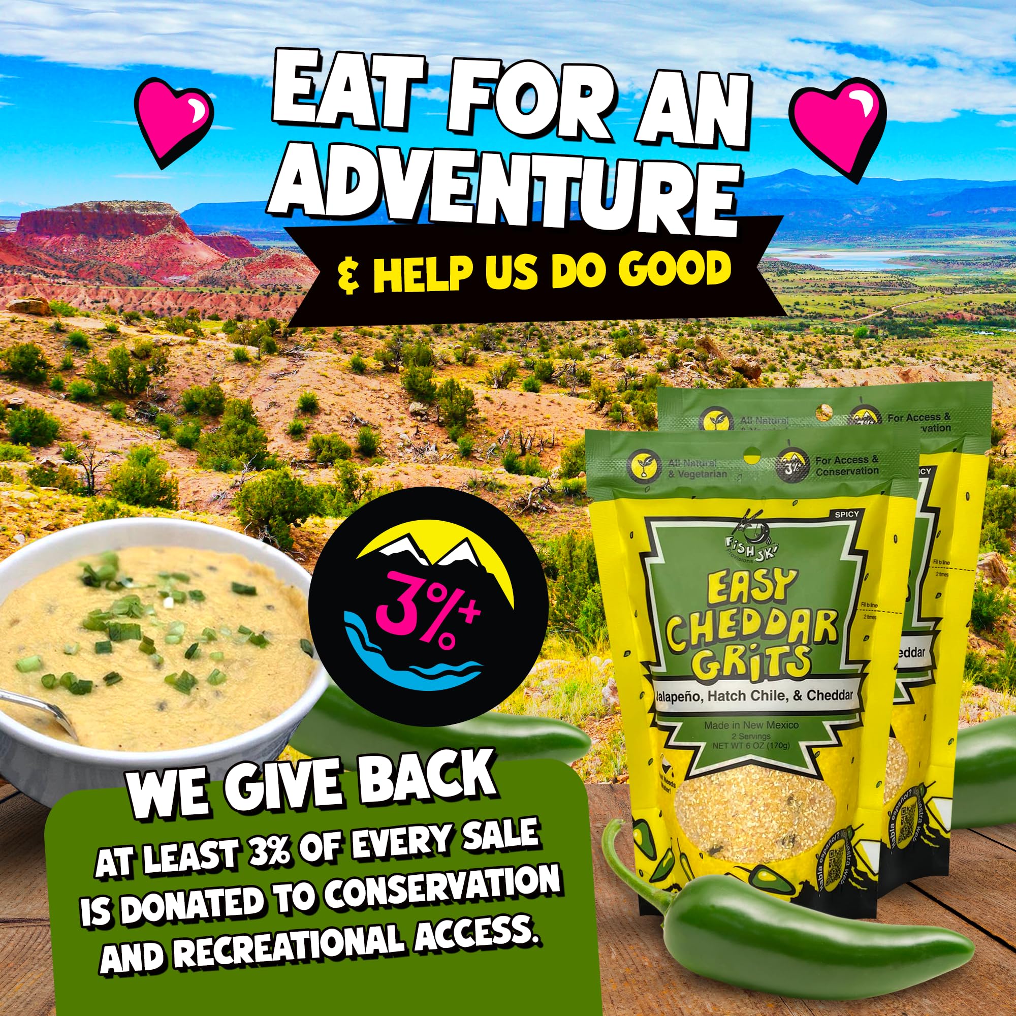 FishSki Provisions Jalapeno Yellow Corn Grits with Cheddar Cheese, Hatch Green Chile & Garlic - 6 oz Bags (24 Pack) | Perfect for Breakfast, Camping & Quick Meals