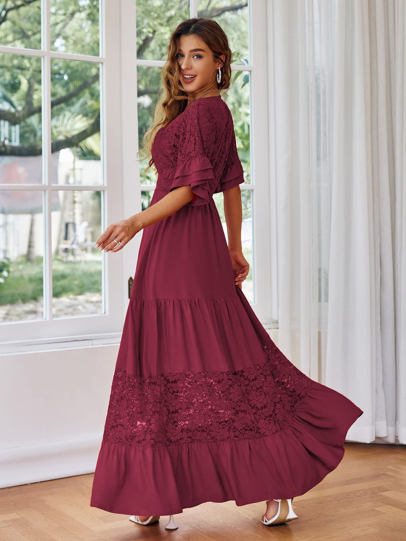 Elegant Women's V-Neck Lace Maxi Dress with Ruffles & Flowy Short Sleeves - Boho Wedding Guest Dress for Summer Parties, Beach Vacations & Formal Events