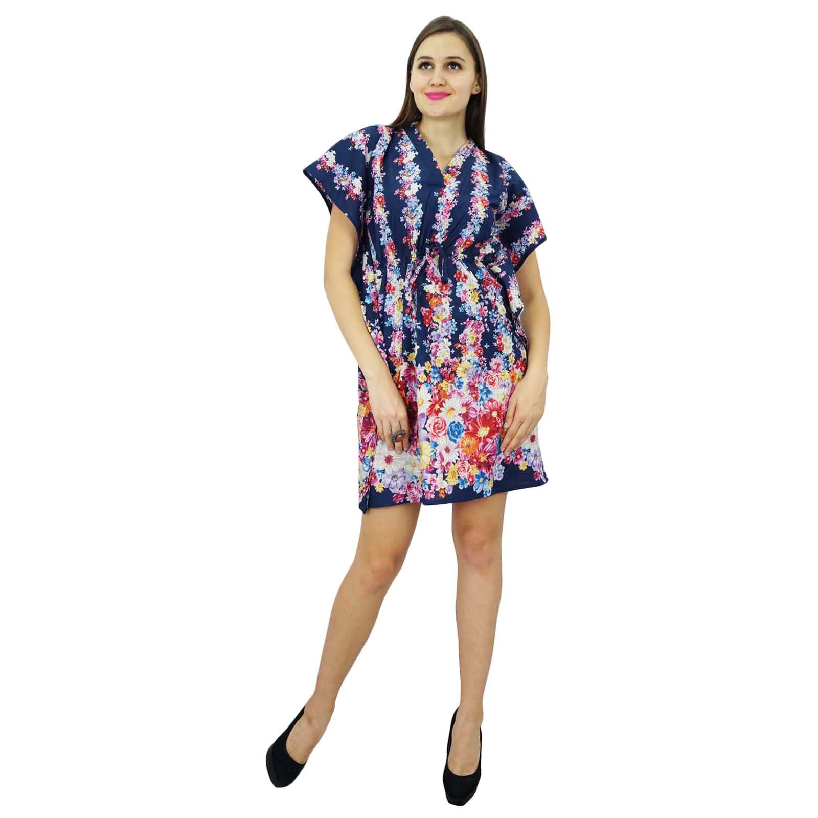 Bohemian Printed Cotton Kaftan Dress for Women - Short Sleeve Beach Tunic, Lightweight Summer Cover Up, Blue Floral Design | Perfect for Beach Vacations, Pool Parties, and Casual Outings