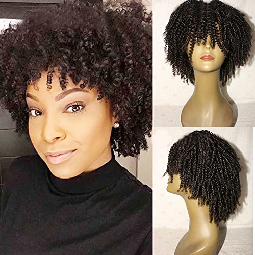 Short Kinky Curly Human Hair Wig with Bangs 1B Off Black - 10-16 Inch 130-180% Density No Lace Full Head PU Fake Scalp Wig | Perfect for Cosplay, Daily Wear & Protective Styling (16 Inch, 150% Density)