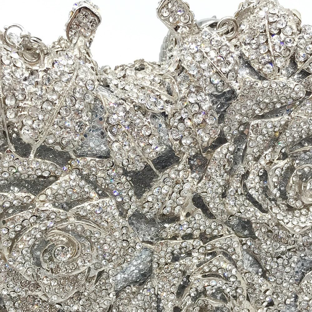 Sparkly Diamond Evening Handbags for Women - Glitter Bling Party Wedding Clutch Purse with Rose Silver Design | Perfect for Prom, Cocktail Events & Special Occasions