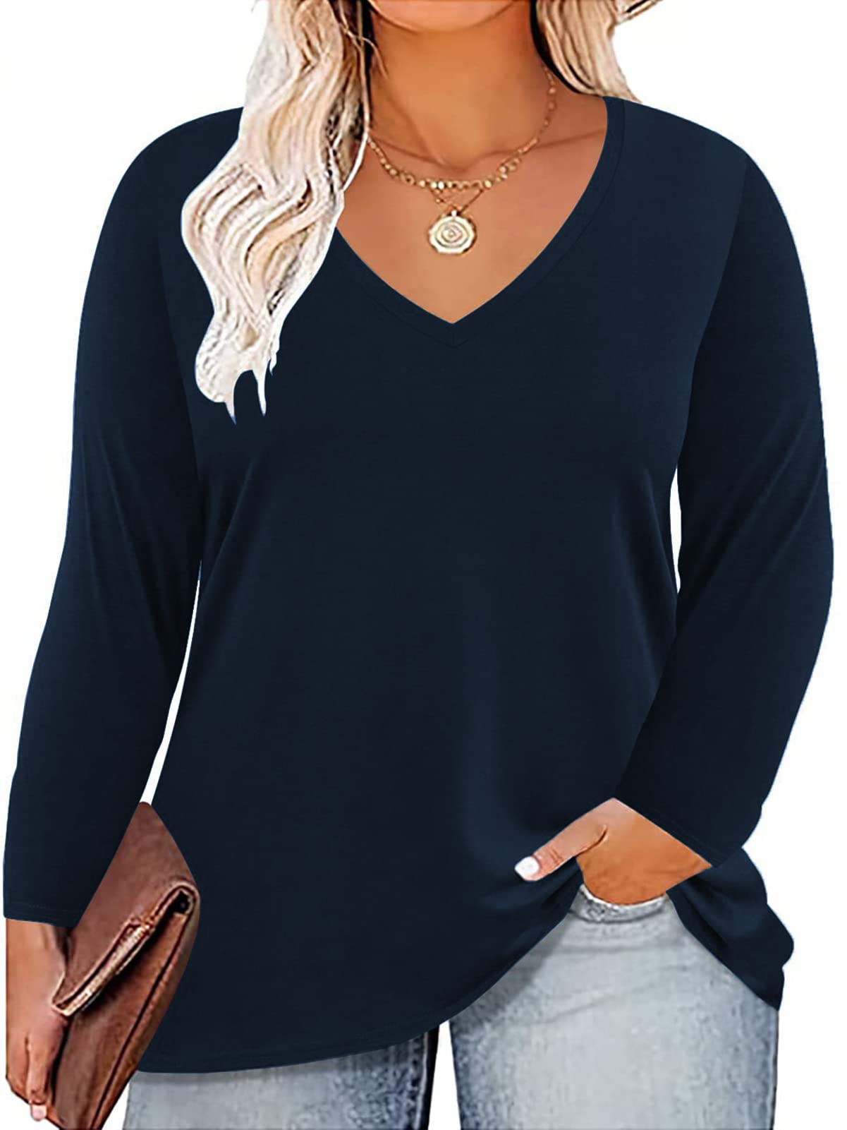 ROSRISS Plus Size Women's Long Sleeve V-Neck Tunic Tops - Solid Color Blouses & Casual Tees for Work, Office & Everyday Wear