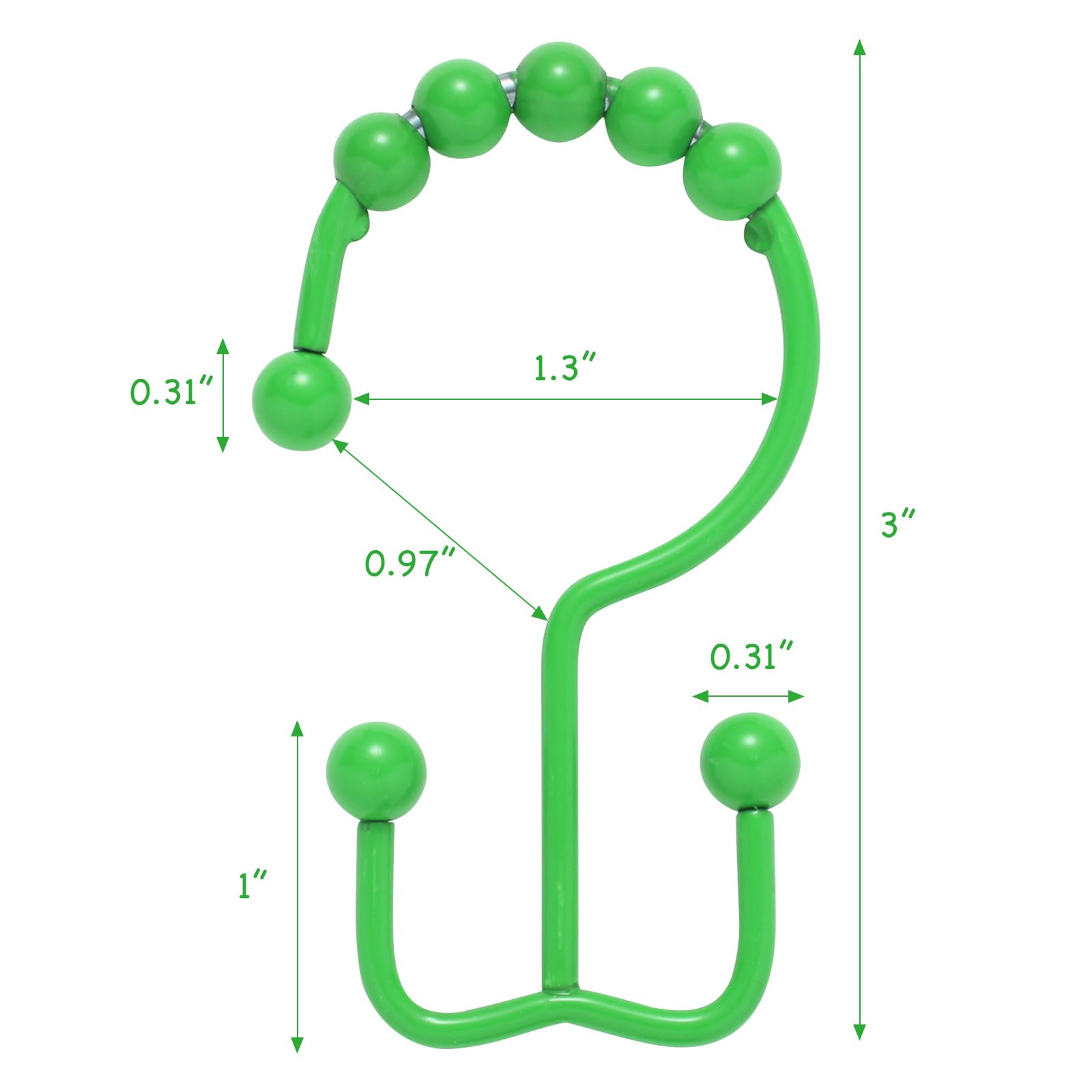 Premium 304 Stainless Steel Shower Curtain Hooks - Set of 12 Double Glide Bathroom Rings for Shower Rods & Curtains, Fluorescent Green (Style A) - Ideal for Bathroom Decor, Spa-Like Showers & Easy Curtain Adjustment