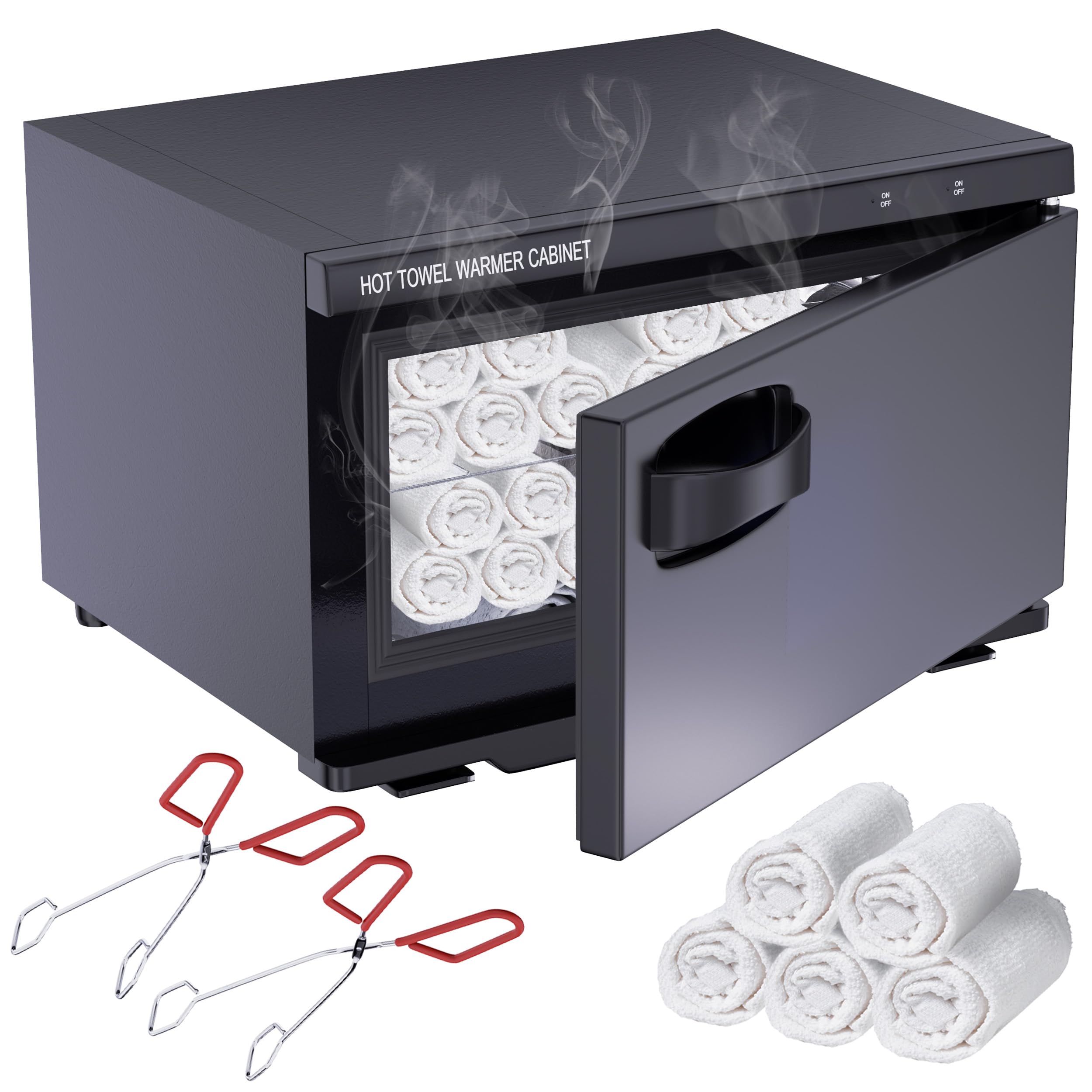 Houseables Towel Warmer Cabinet - 18L Black Hot Towel Steamer with UV Sterilization for Spa, Salon & Massage - Includes 2 Tongs & 5 Towels (11