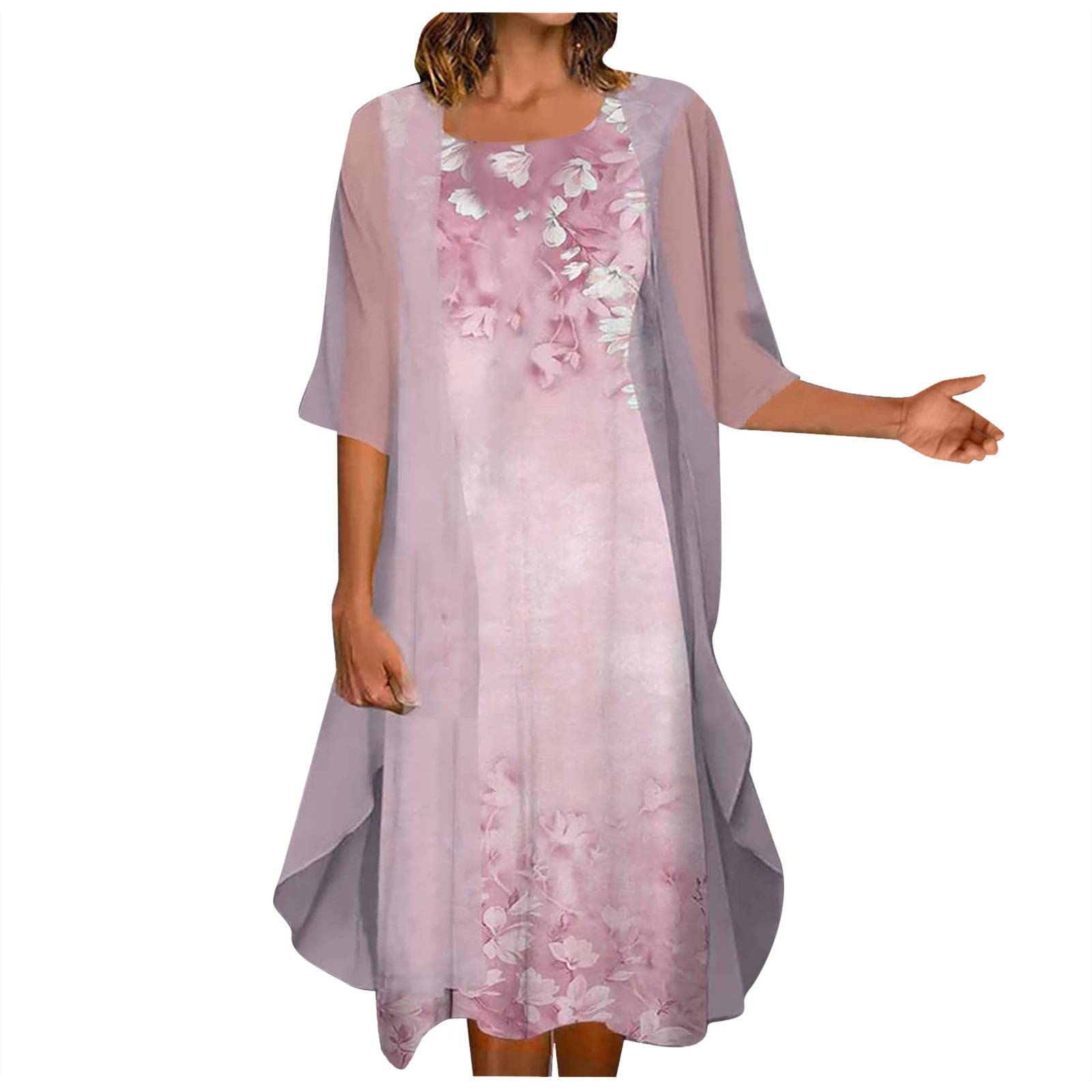 Plus Size Women's Formal Wedding Guest Two-Piece Dress Set - Floral Print Flowy Maxi Dress & Coat for Special Occasions | Elegant Church Ceremony, Evening Gala & Bridal Party Attire