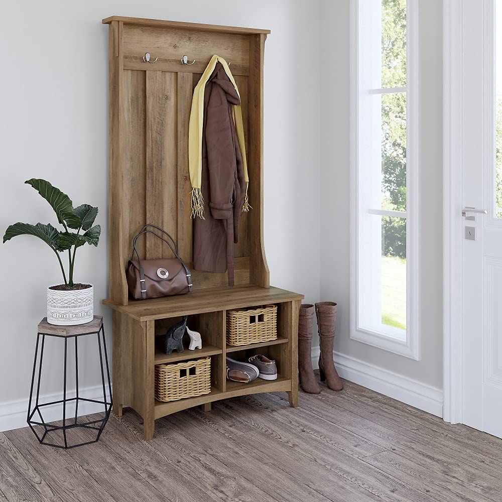 Hall Tree with Bench and Shoe Storage - Solid Wood Coat Rack for Entryway, Mudroom or Foyer - Brown Entryway Organizer with Hooks and Storage Shelf - Perfect for Small Spaces and Home Organization