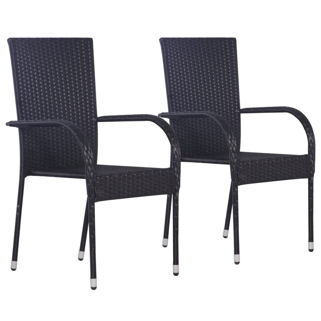 **2-Pack Black Poly Rattan Stackable Patio Chairs - Outdoor Garden, Pool, Backyard Furniture - Durable Wicker Armchairs for Relaxing in Your Lawn, Patio or Deck**
