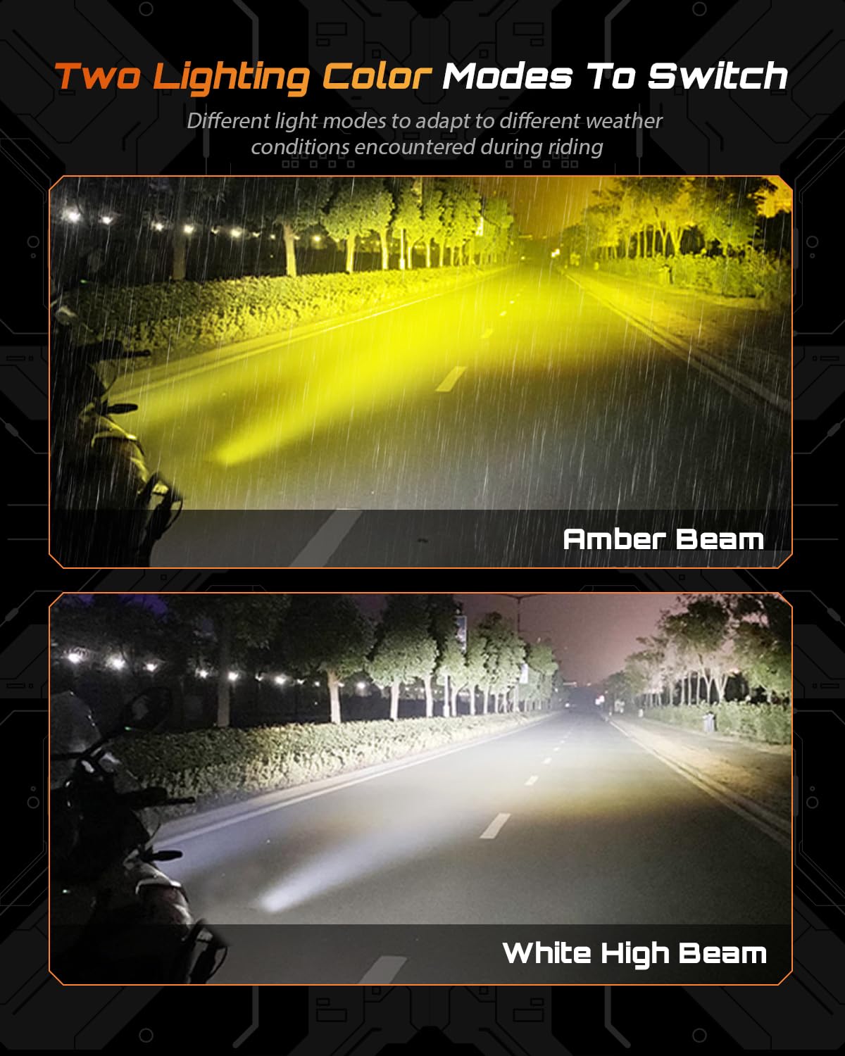 High-Power LED Fog Lights for Motorcycles - White/Amber Auxiliary Driving Lights with Universal Mounting Brackets | Waterproof Spotlights Compatible with Harley, UTV, ATV, Cars & Trucks | Perfect for Night Riding, Off-Road Adventures & Low Visibility Conditions