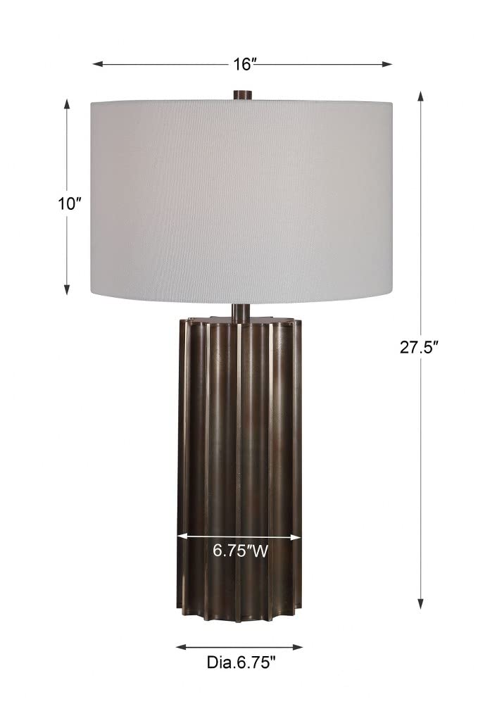 Fluted 1-Light Khalio Gun Metal Table Lamp with White Linen Drum Shade & 3-Way Switch - Modern Bedside Lamp for Living Room, Bedroom, or Office Decor