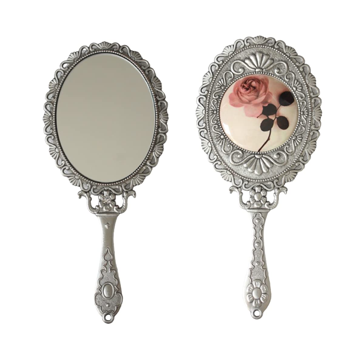 SEHAMANO Hand Mirror with Handle - Compact Handheld Makeup Mirror for Travel & Home Use - Rose Gold Cosmetic Mirror with Clear Reflection (Matt Silver Tin Finish) - Perfect for Makeup Application, Hair Styling & Beauty Routines