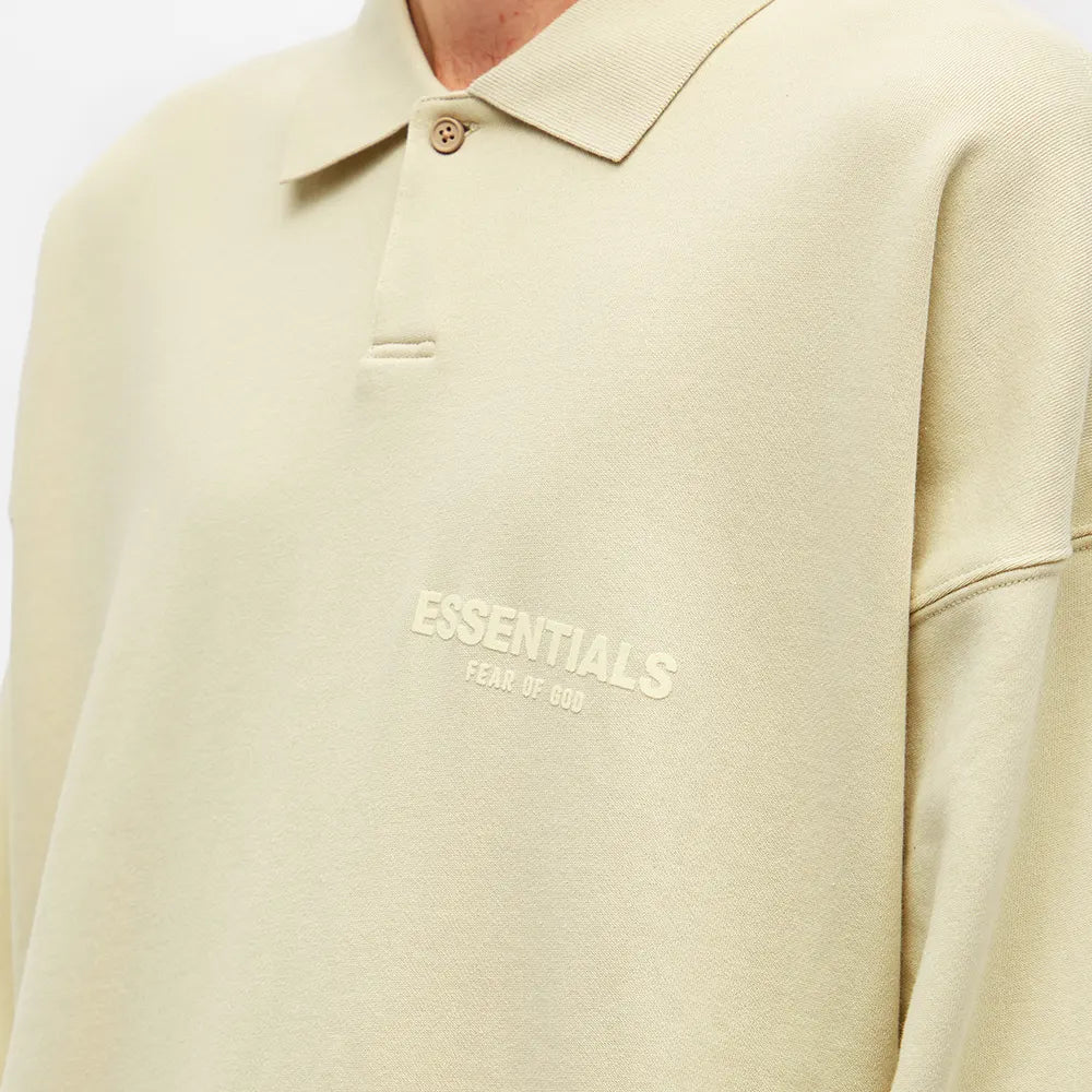 Fear of God Essentials Men's Long Sleeve Polo Sweater - Soft Cotton Knit Pullover, Wheat Color | Casual Streetwear for Fall & Winter Outfits