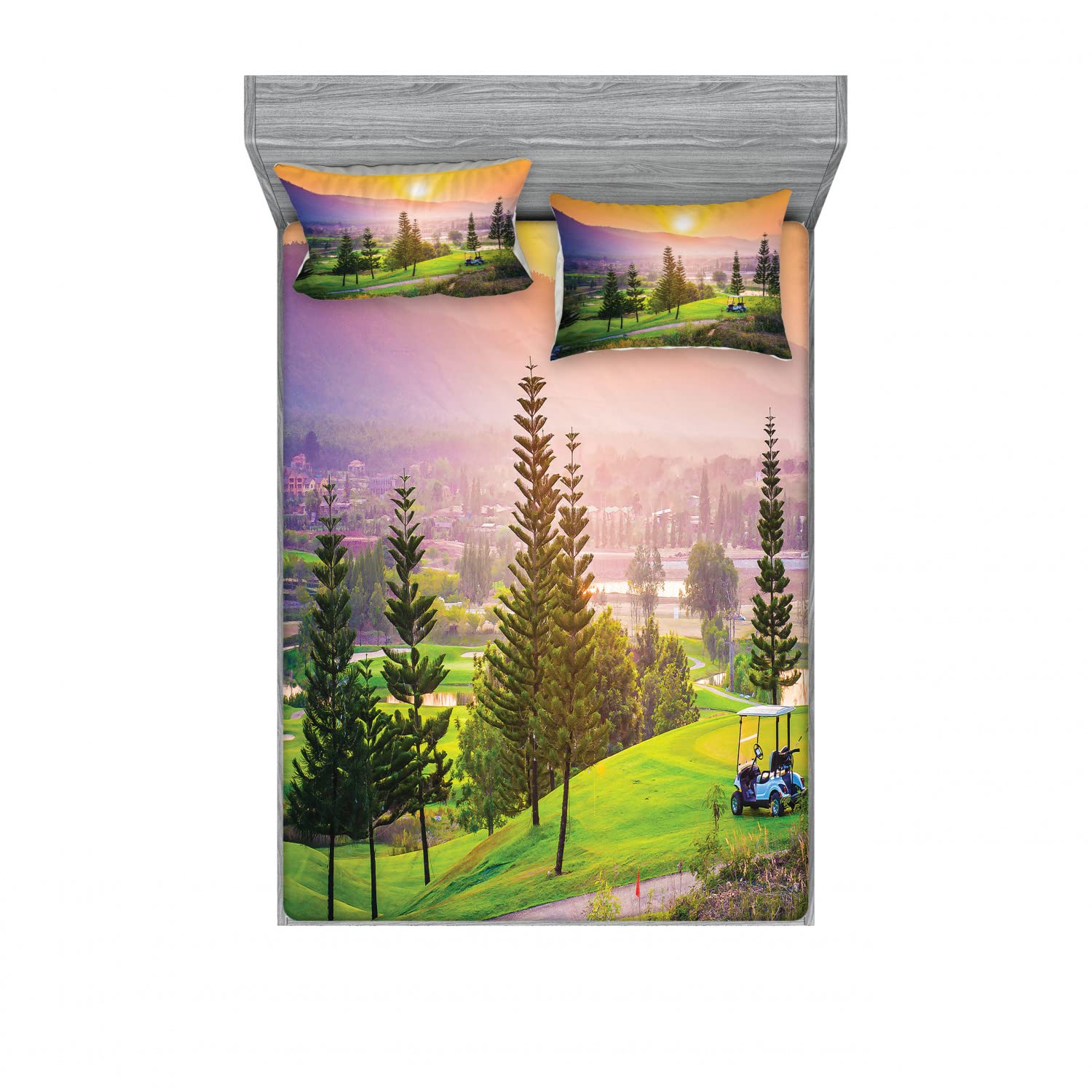 Ambesonne 2-Pack Queen Size Fitted Sheets & 4 Pillow Shams Set - Farmhouse Golf Spring Sunset Design, Multicolor Bedding Decor for Cozy Countryside Bedroom - Perfect for Guest Rooms, Vacation Homes & Rustic Themed Bedrooms