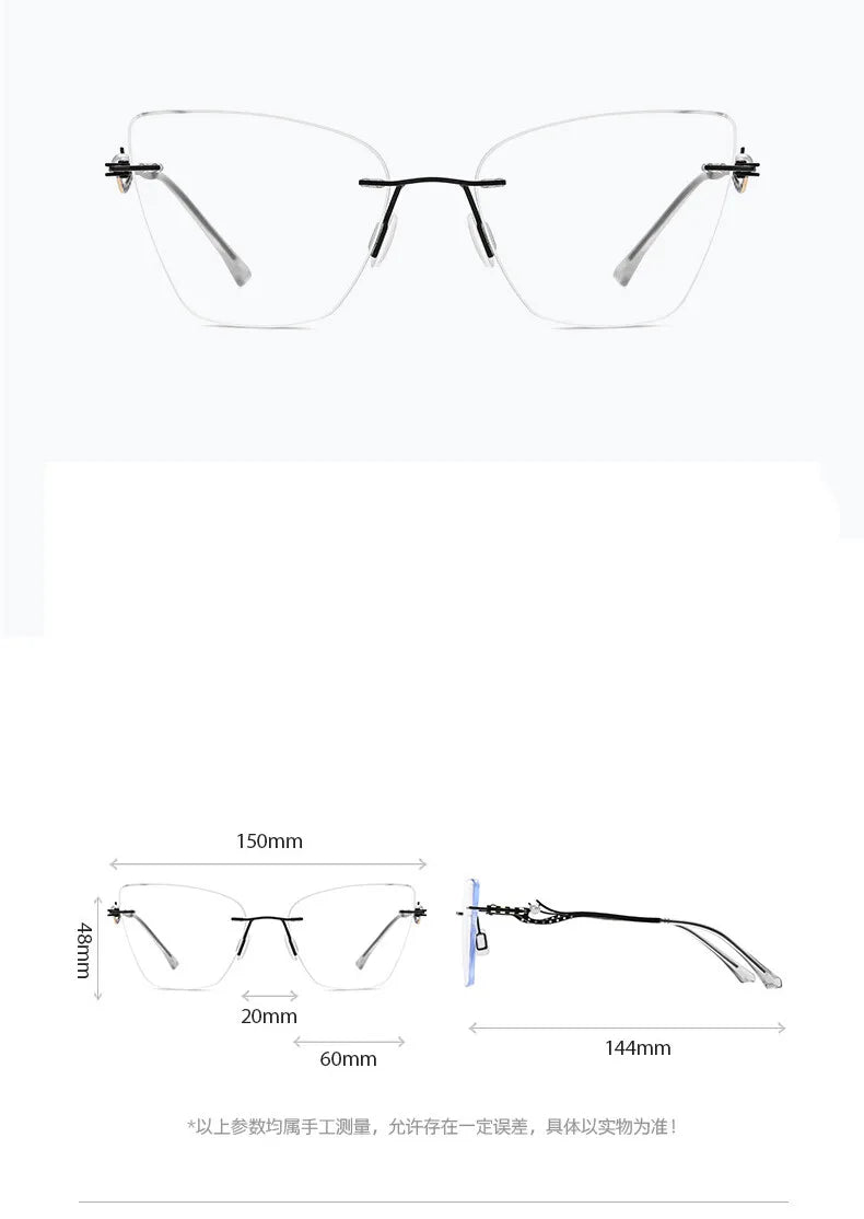 CCspace Women's Rimless Cat Eye Alloy Eyeglasses Clip-On Sunglasses - Lightweight UV Protection for Driving, Reading & Outdoor Activities