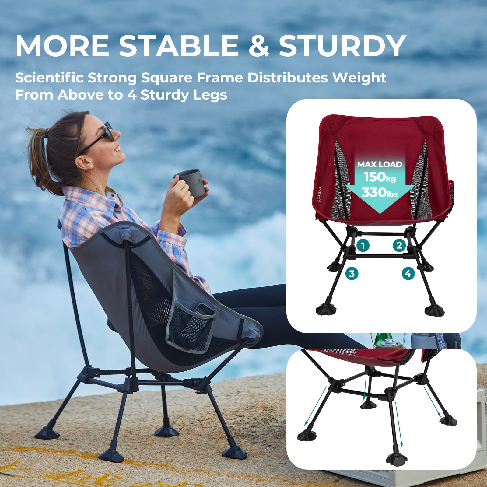 Ultralight Aluminum Folding Camping Chair - Portable Backpacking & Hiking Chair for Adults, Compact Beach Chair with Anti-Sinking Feet - Perfect for Outdoor Adventures, Picnics, Beach Trips & Camping