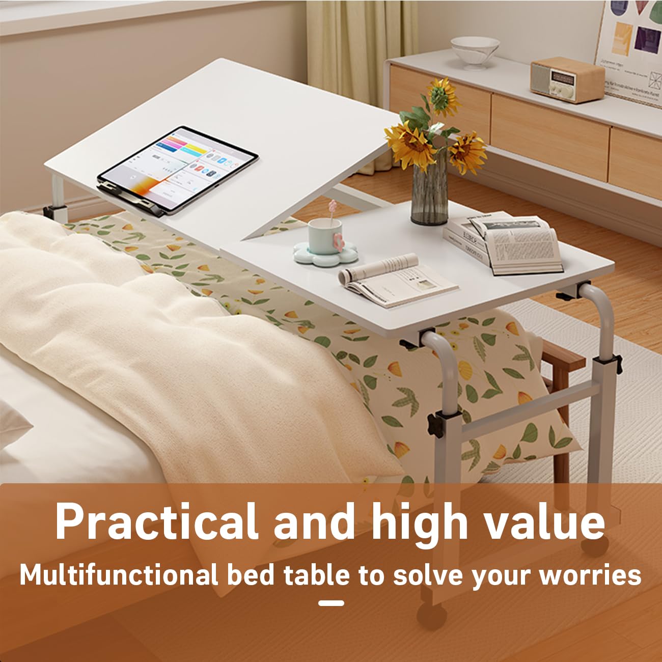 Adjustable Overbed Table with Wheels - Mobile Hospital Bedside Table, Rolling Desk for Queen Size Beds (1.2m-1.8m), Height Adjustable Standing Work Surface - Perfect for Eating, Working, Reading in Bed or Recovery (White)