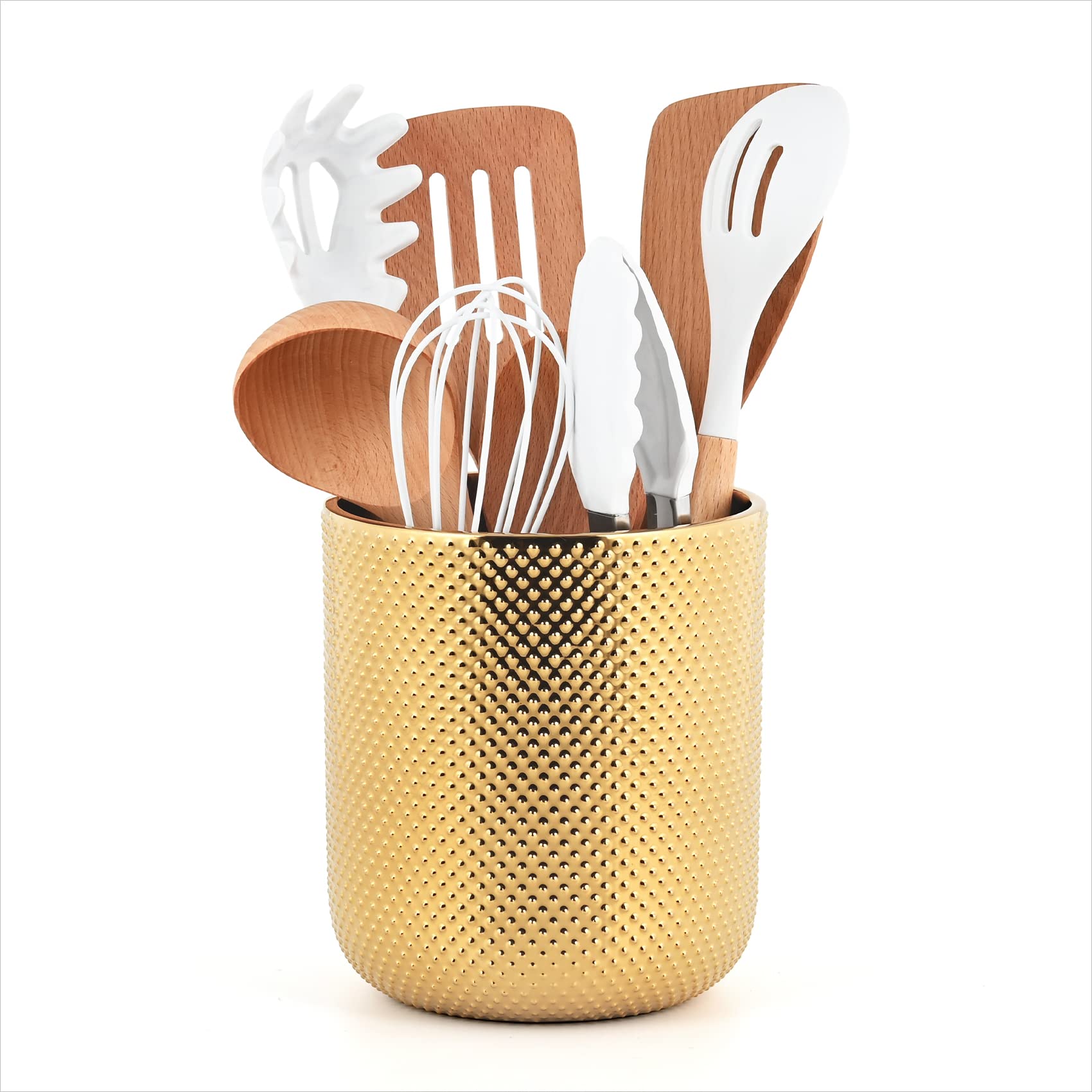 Ceramic Kitchen Utensil Holder - Gold Countertop Organizer for Cooking Tools (5.1