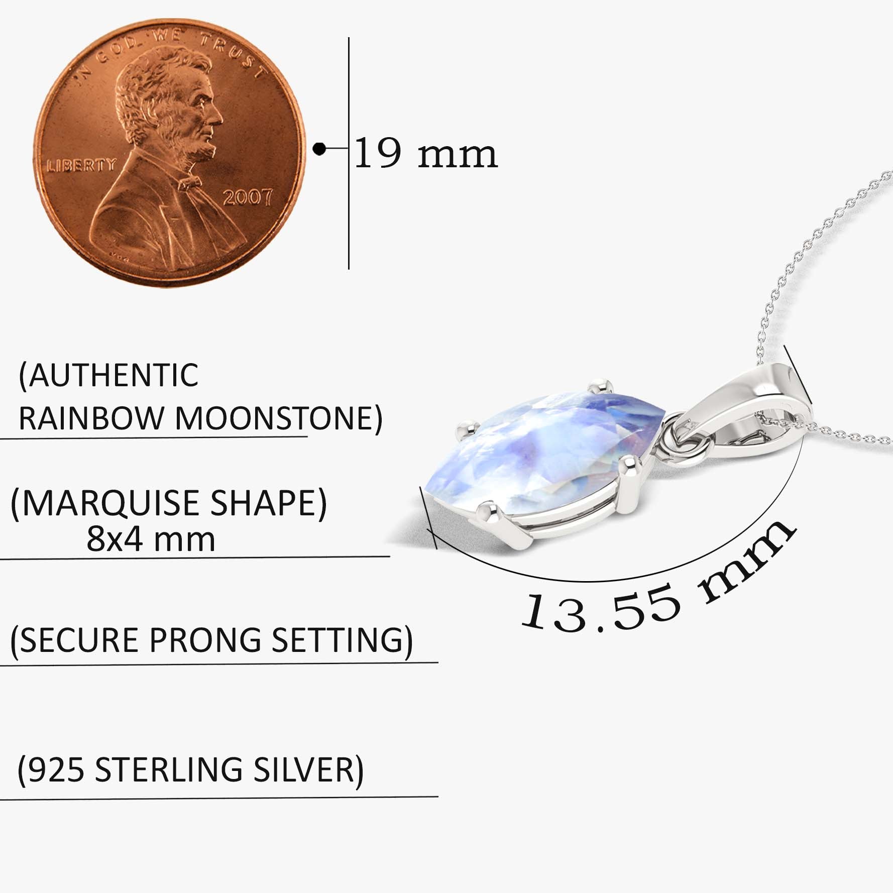 Natural Moonstone Solitaire Pendant Necklace for Women - Sterling Silver Chain Jewelry - Perfect for Boho Style, Wedding Gifts & Everyday Elegance