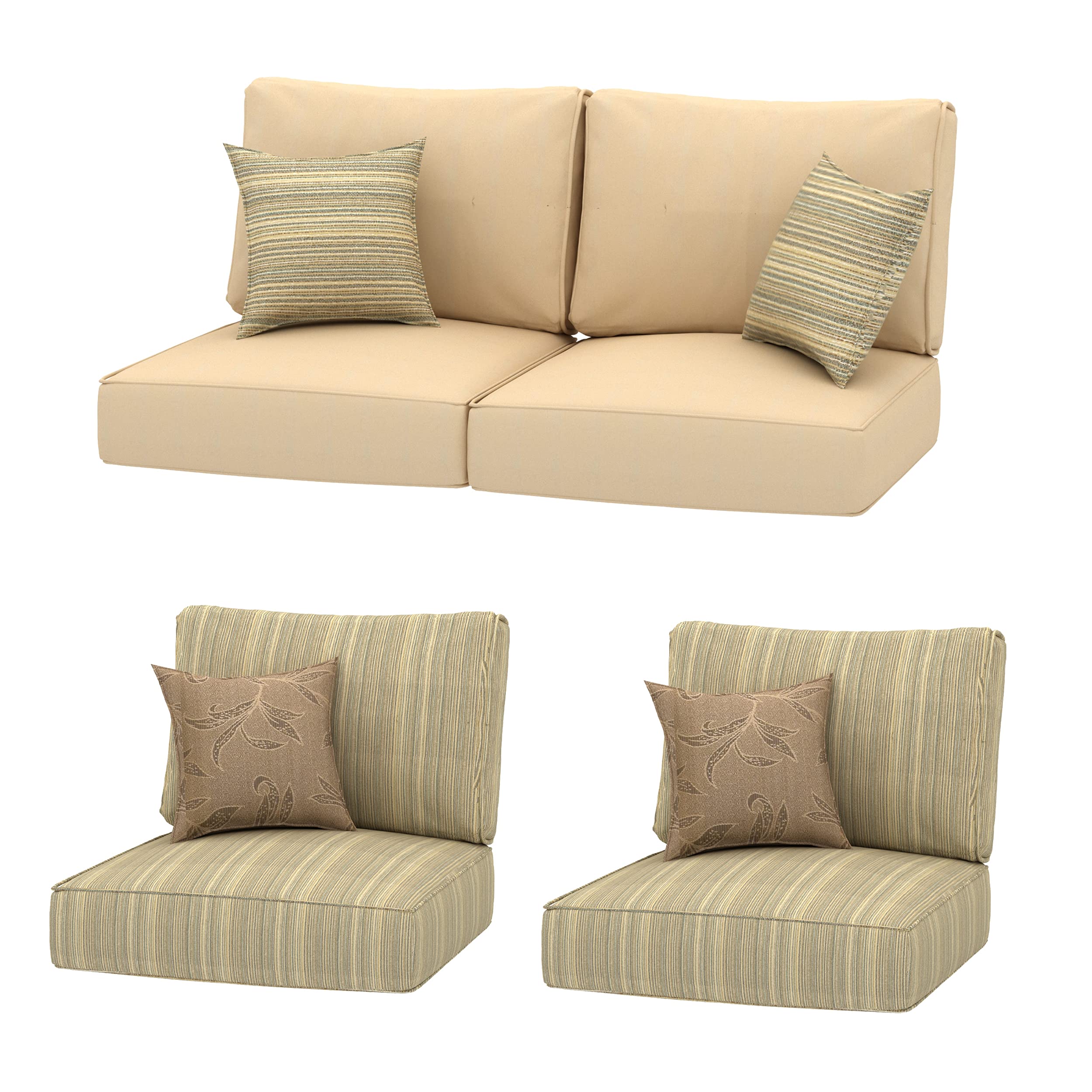 Creative Living Patio 24x24 Replacement Cushions with Decorative Pillows - 12 Piece Outdoor Furniture Cushion Set in Beige Mix (4 Count) - Perfect for Garden, Deck, Poolside & Patio Lounge Chairs