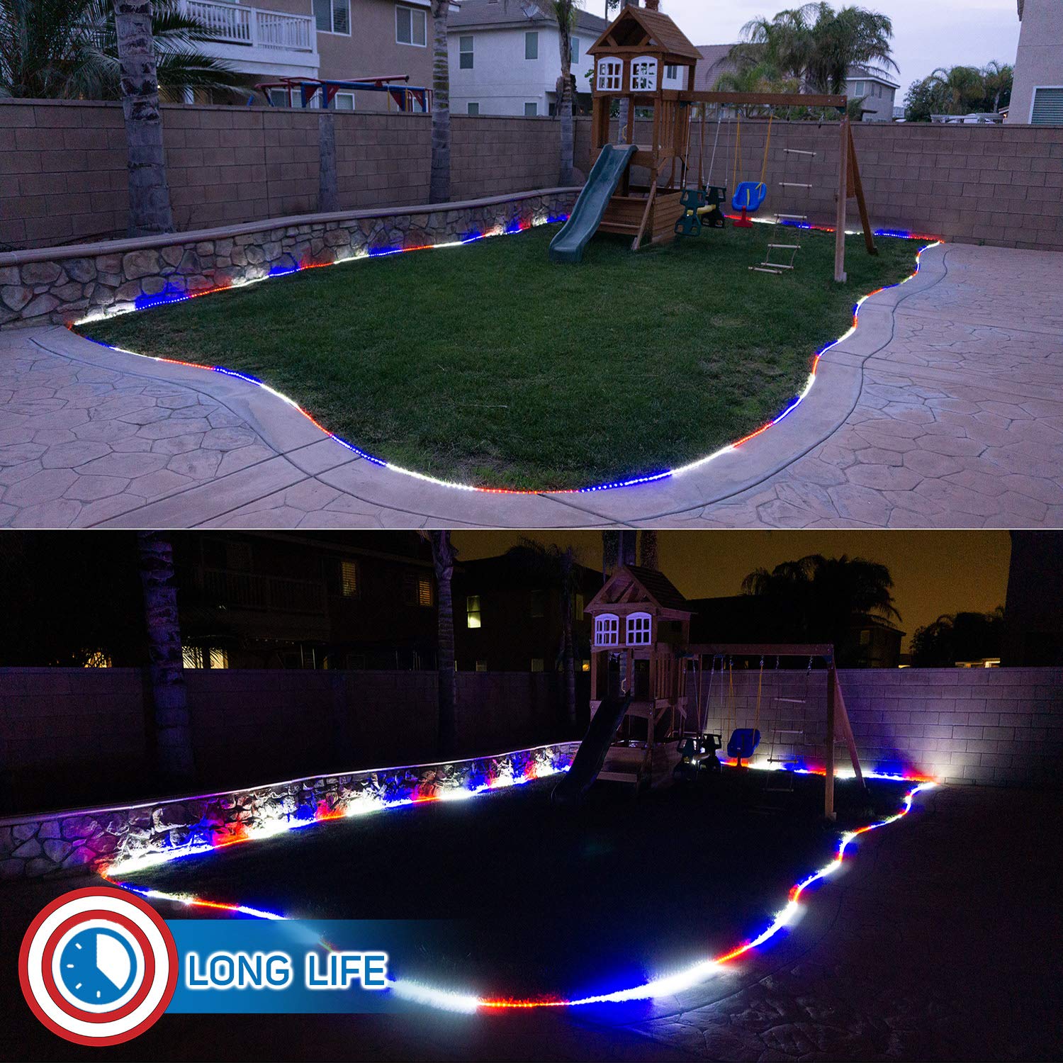 Patriotic LED Rope Lights - 50ft Red White Blue, Dimmable for 4th of July & Memorial Day Outdoor Decor