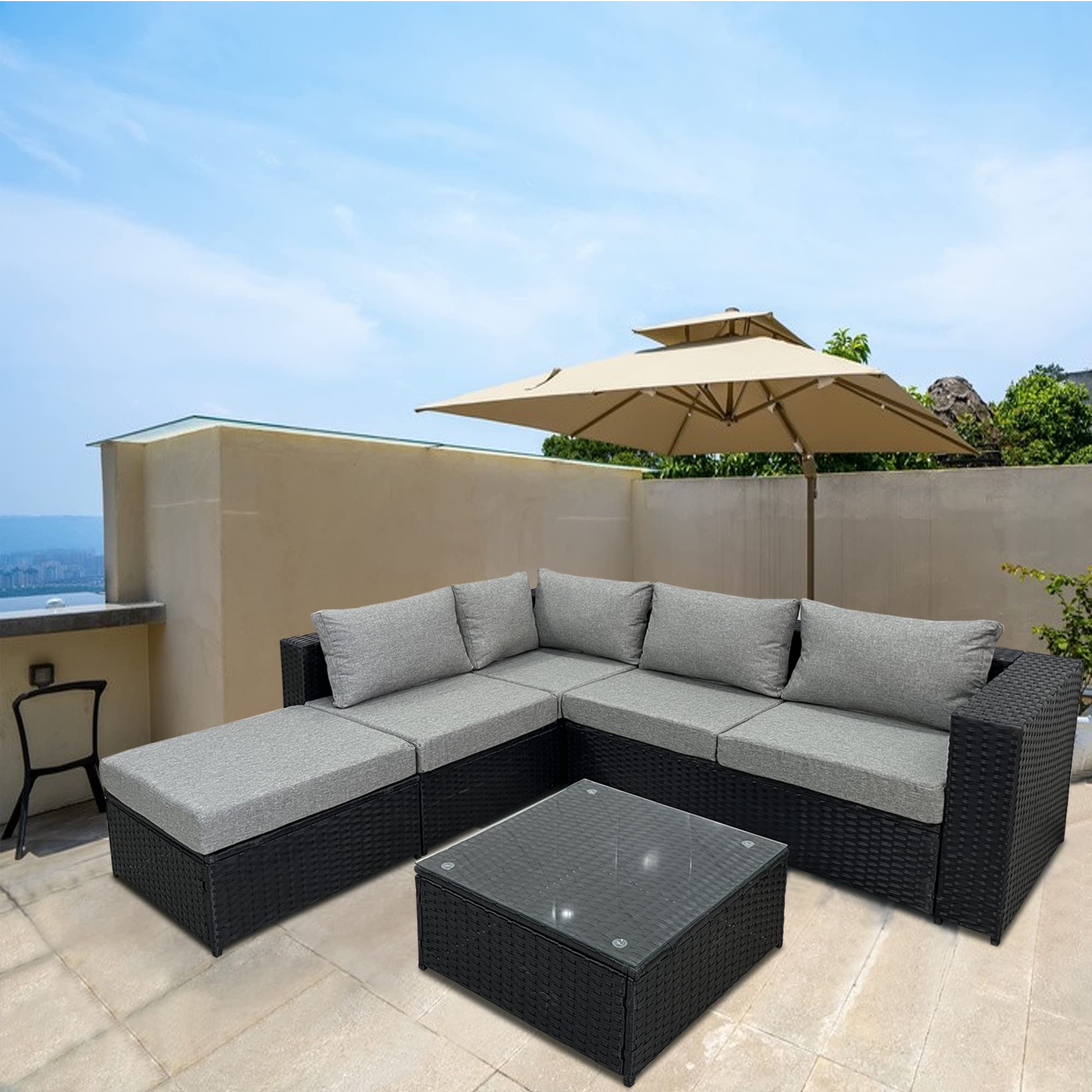 All-Weather Outdoor Sectional Sofa Set - PE Rattan Patio Furniture with Cushions & Coffee Table (Grey) - Perfect for Backyard, Poolside & Garden Relaxation