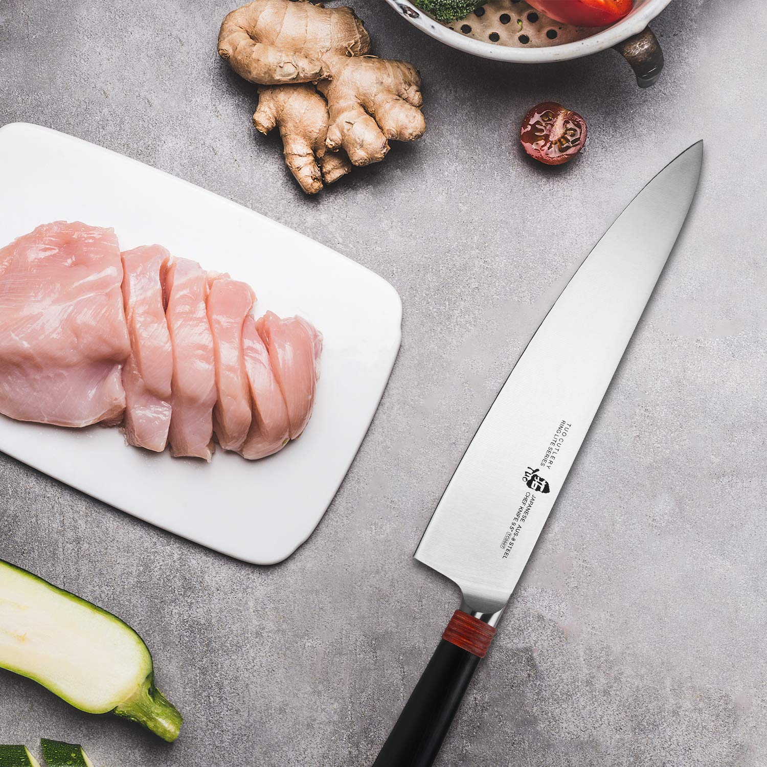 TUO Professional 9.5 Inch Japanese Gyuto Chef Knife - Razor Sharp AUS-8 Stainless Steel Kitchen Knife for Slicing, Dicing Vegetables, Fruits & Meat - Ergonomic Handle with Gift Box (Ring Lite Series) - Perfect for Home Chefs, Professional Kitchens & Cooking Enthusiasts