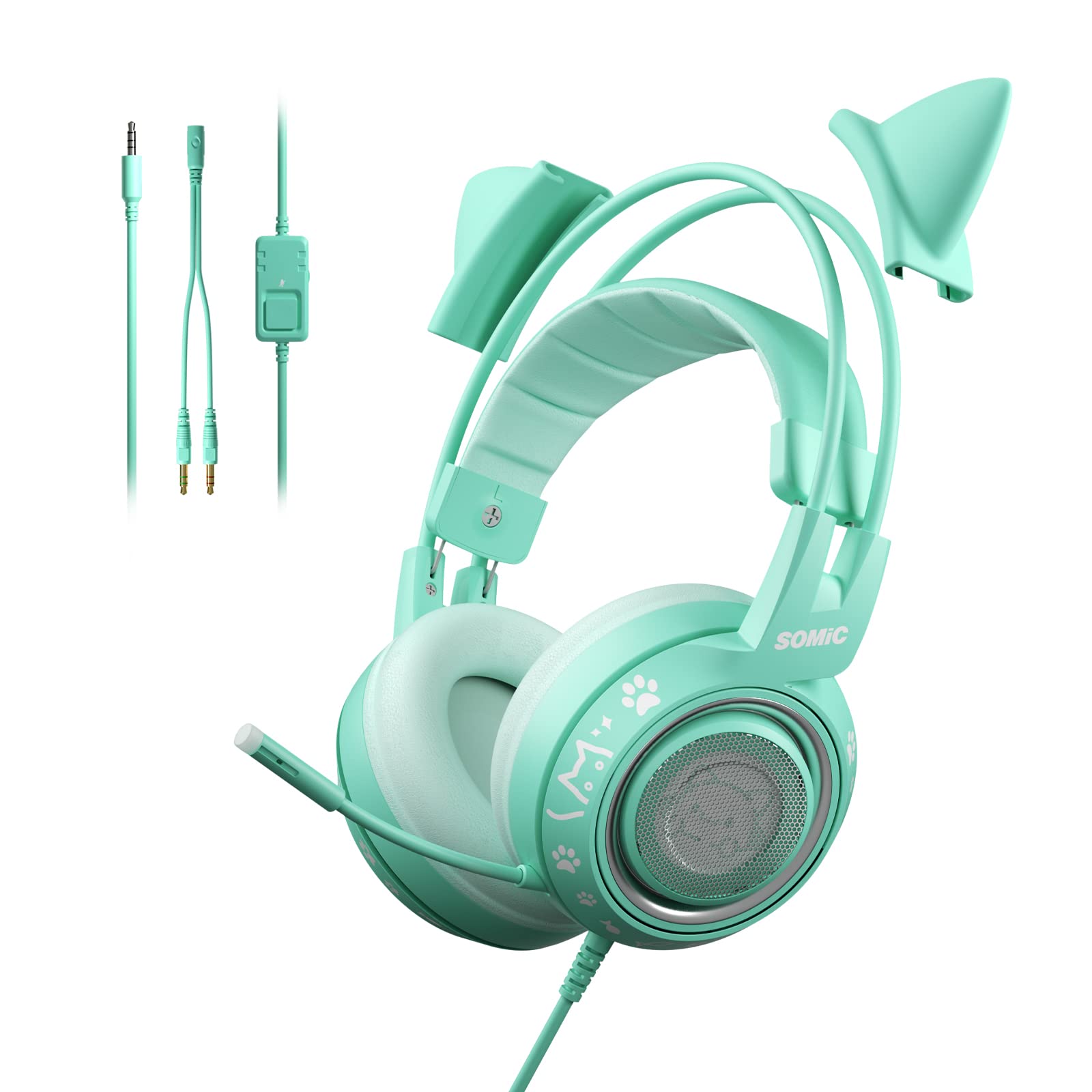 SOMiC G951S Green Cat Ear Gaming Headset with Microphone - Noise Cancelling Over-Ear Headphones for PS5, PS4, Xbox One, PC - Stereo Sound with In-Line Mic Control - Perfect for Women Gamers, Streaming & Online Classes