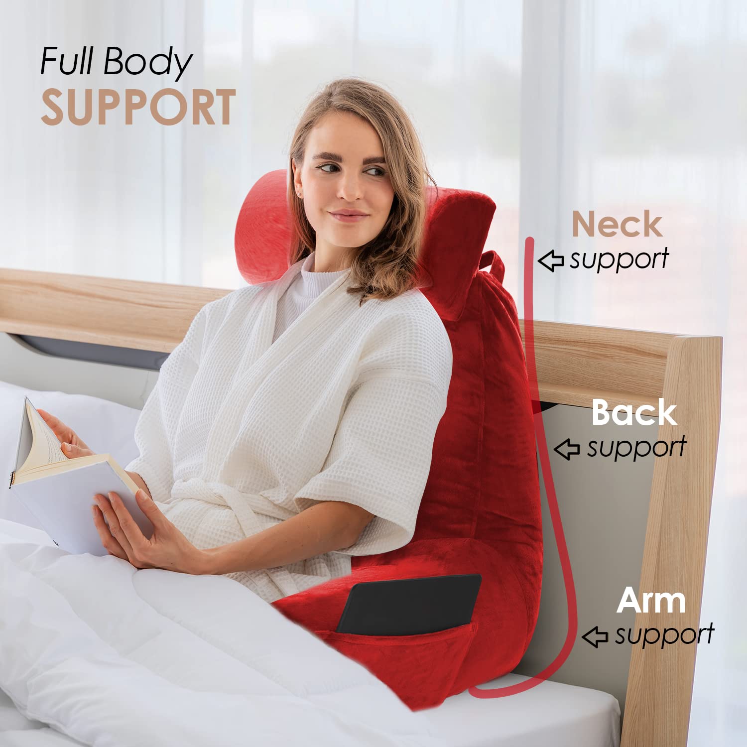 Nestl Reading Pillow Large Bed Pillow - Shredded Memory Foam Back Support Pillow for Sitting in Bed, Reading & Relaxing - Cherry Red Chair Pillow with Pockets - Perfect for Bed Rest, Arm Support & Cozy Reading Nook