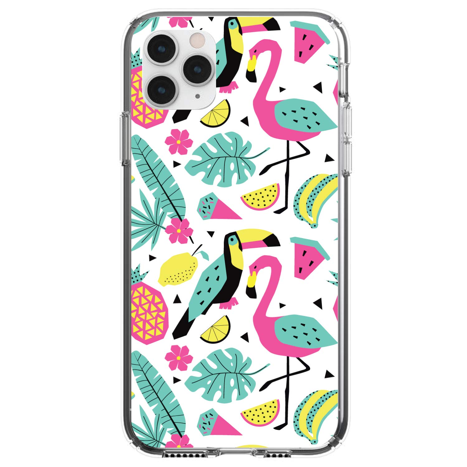 DistinctInk Clear Shockproof Hybrid Case for iPhone 13 Pro MAX (6.7 Inch) - TPU Bumper with Acrylic Back & Tempered Glass Screen Protector - Flamingo Toucan Pineapple Summer Design - Perfect for Beach, Vacation and Outdoor Activities
